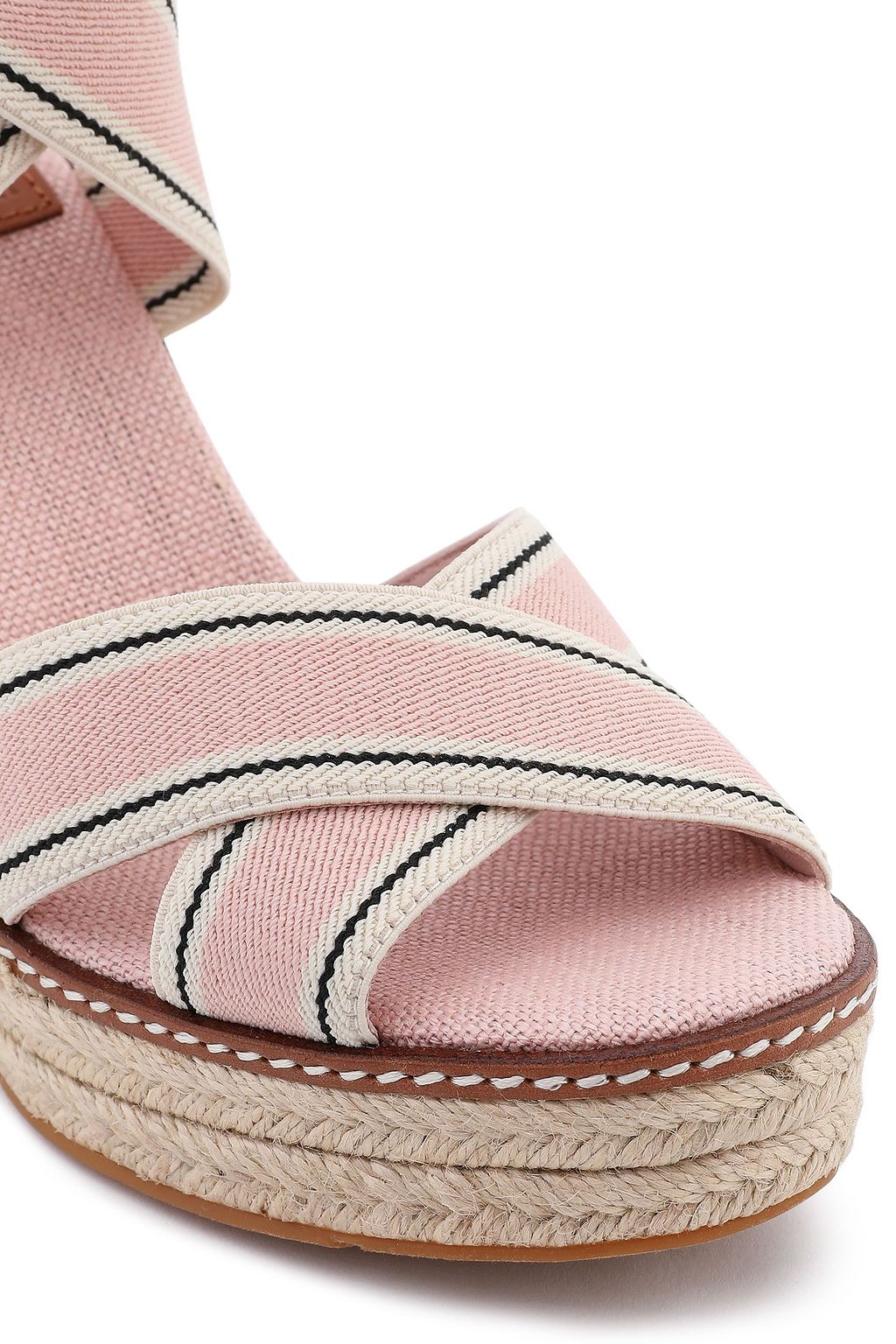 TORY BURCH Leather-trimmed striped grosgrain wedge espadrille sandals