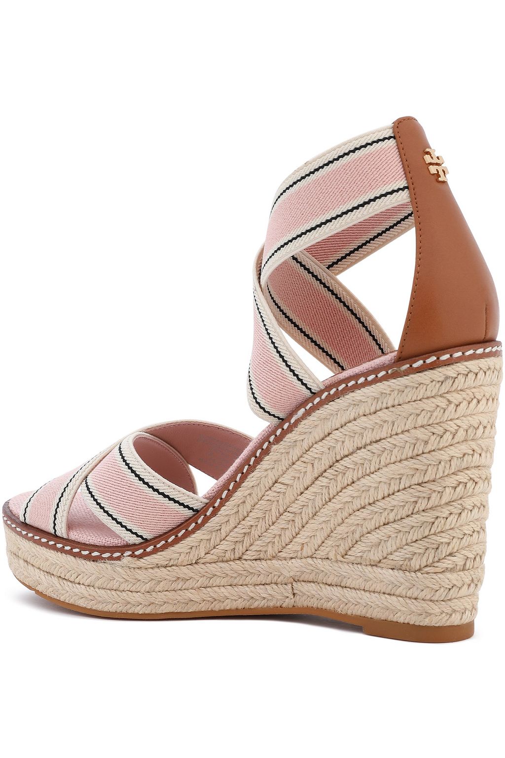 TORY BURCH Leather-trimmed striped grosgrain wedge espadrille sandals