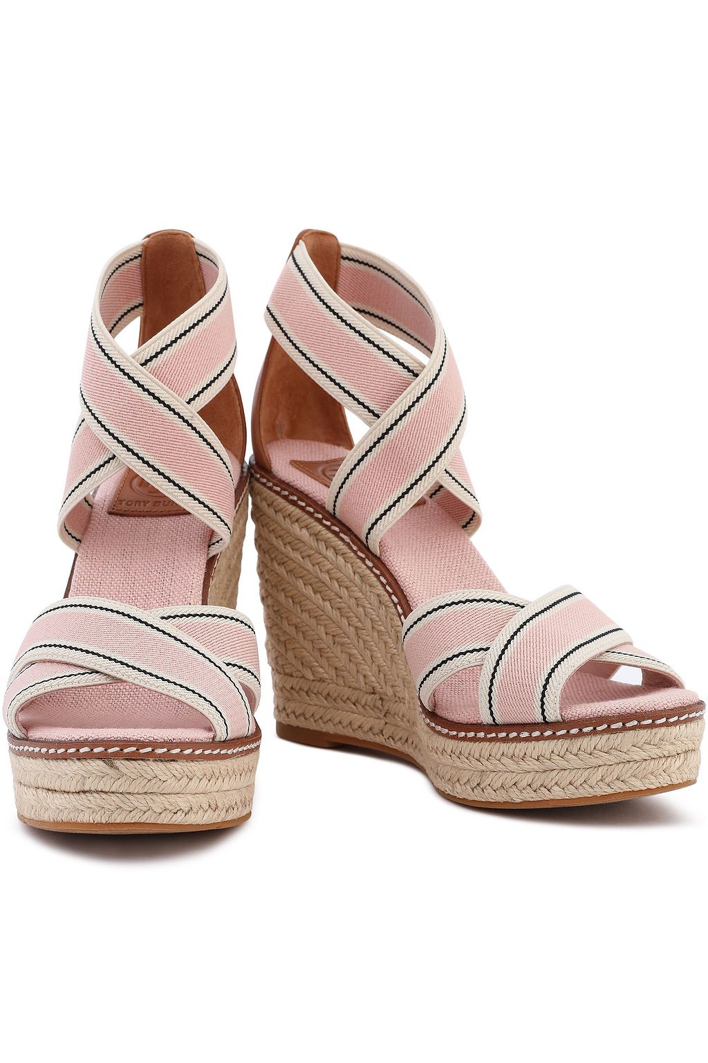 TORY BURCH Leather-trimmed striped grosgrain wedge espadrille sandals