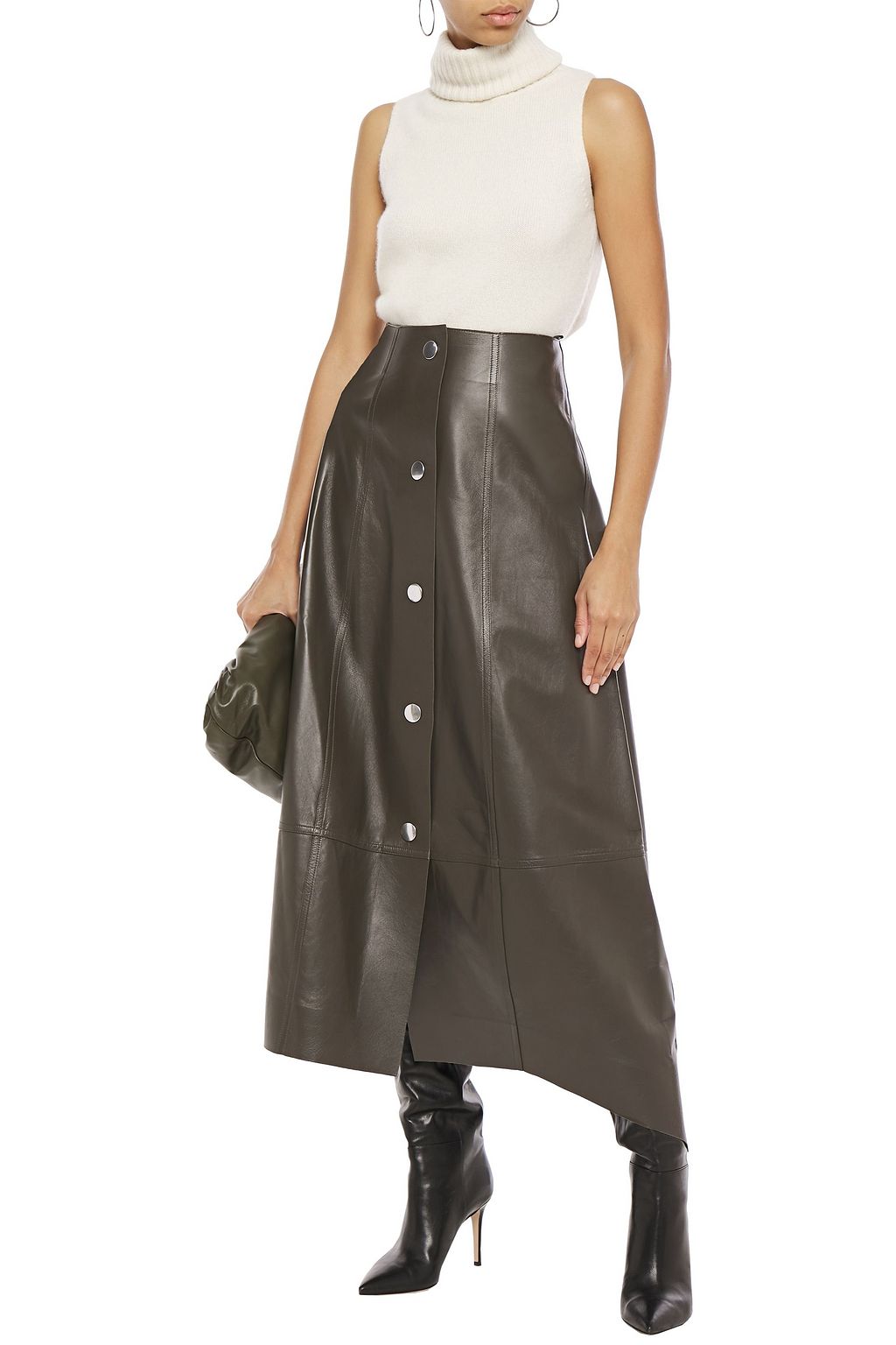 VICTORIA BECKHAM Asymmetric snap-detailed leather midi skirt