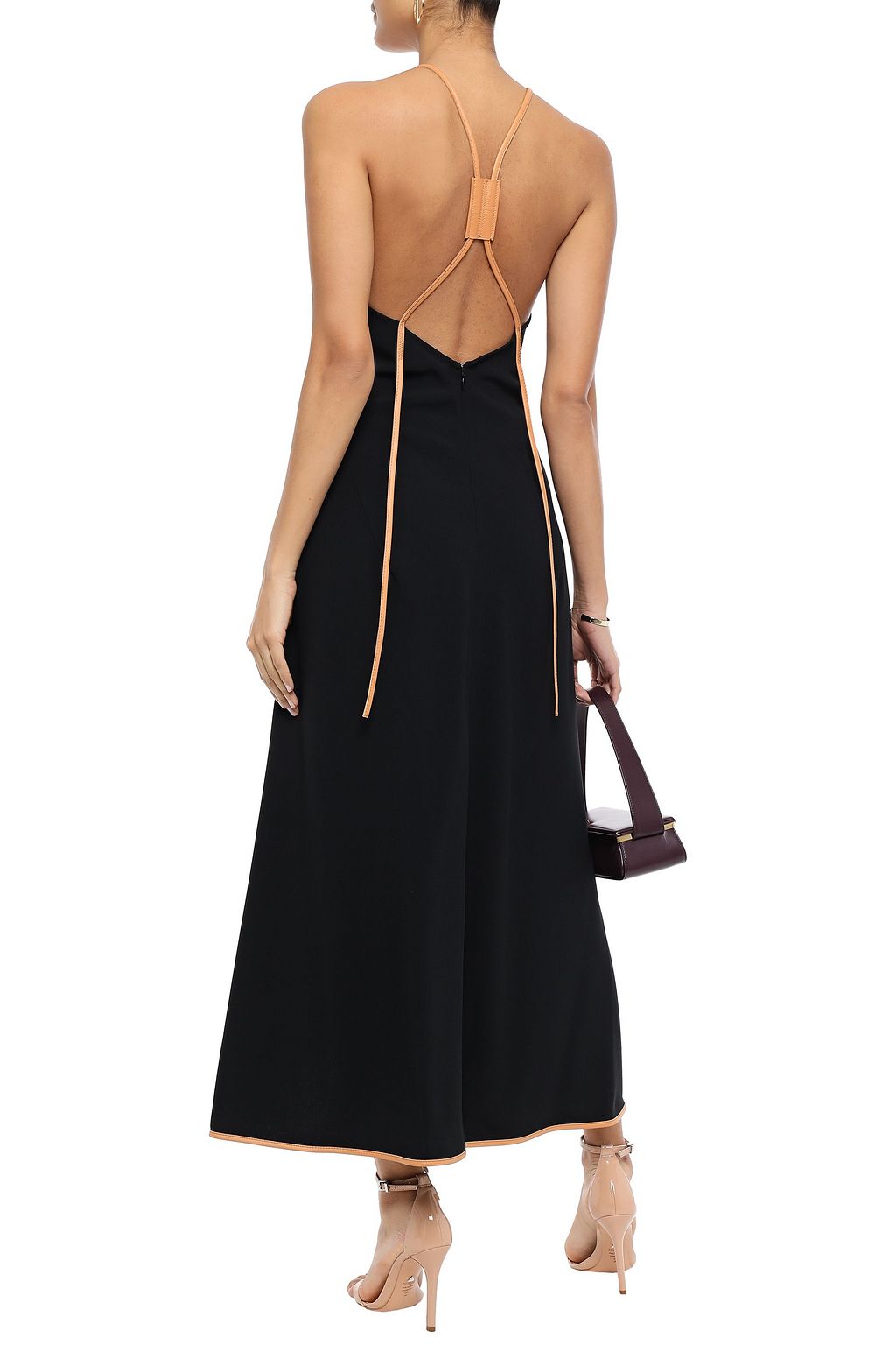 VICTORIA BECKHAM Open-back leather-trimmed crepe midi dress