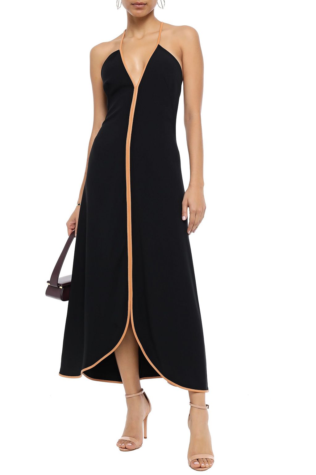 VICTORIA BECKHAM Open-back leather-trimmed crepe midi dress