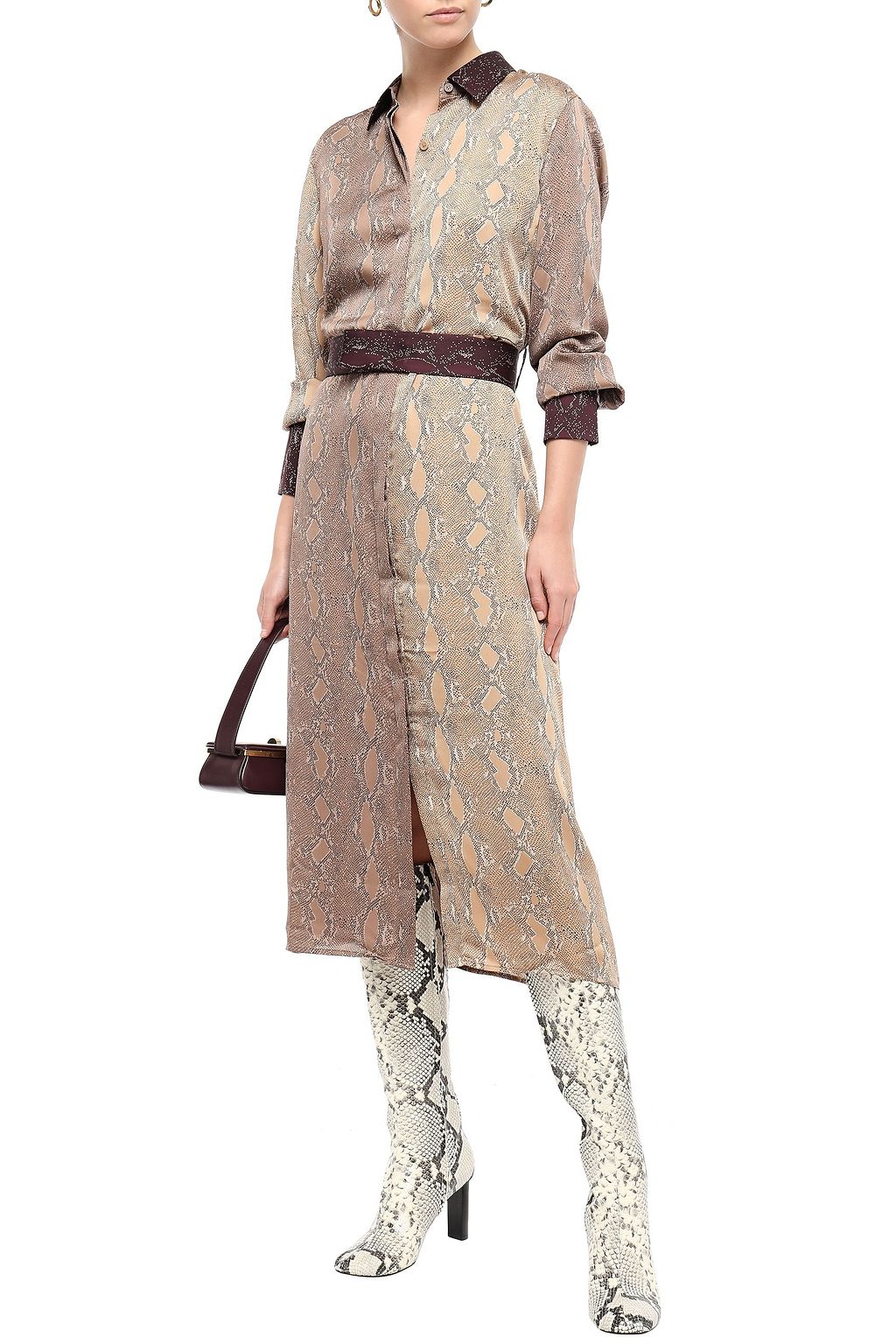 EQUIPMENT Belted paneled snake-print satin midi dress