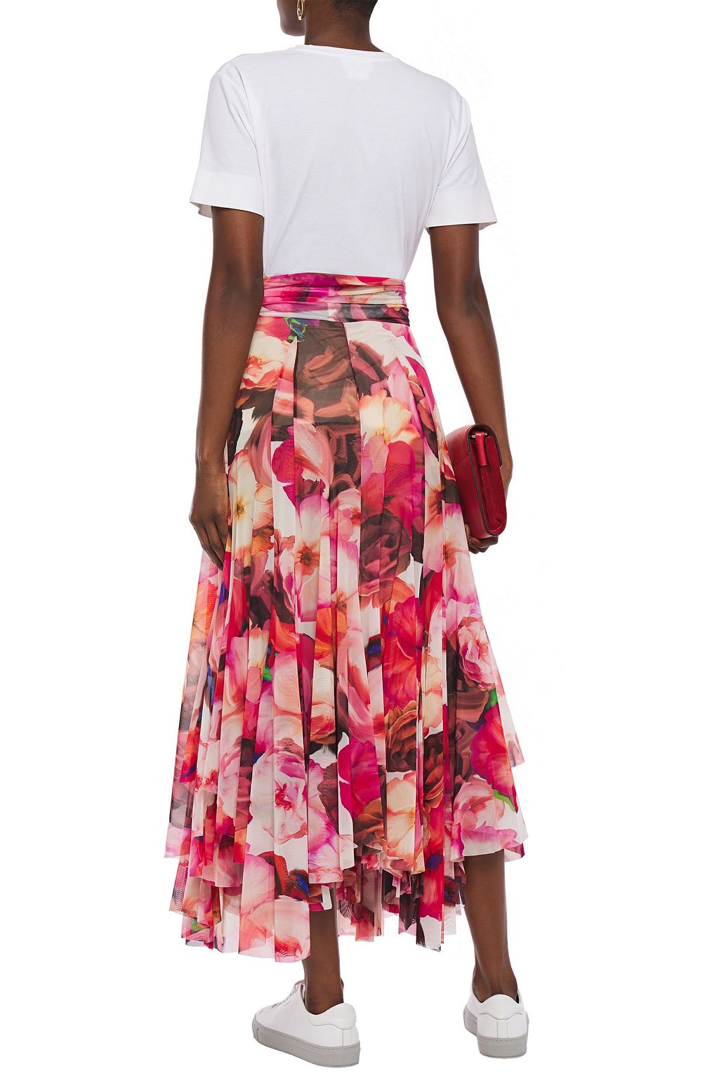 MSGM Pleated floral-print stretch-mesh midi skirt