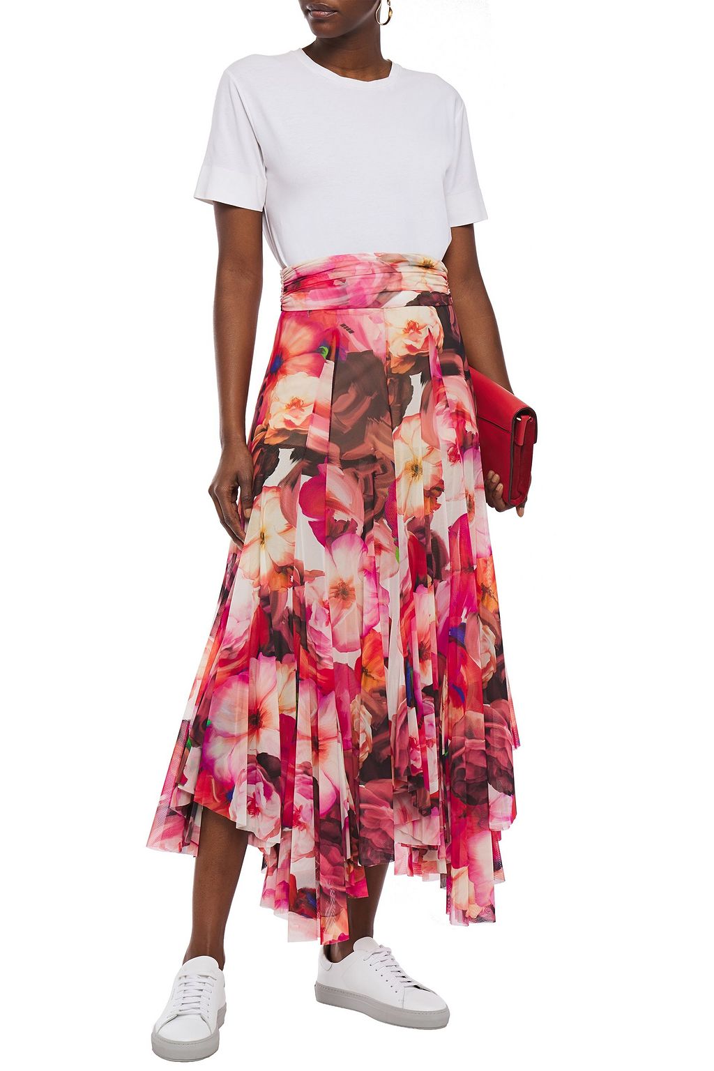 MSGM Pleated floral-print stretch-mesh midi skirt