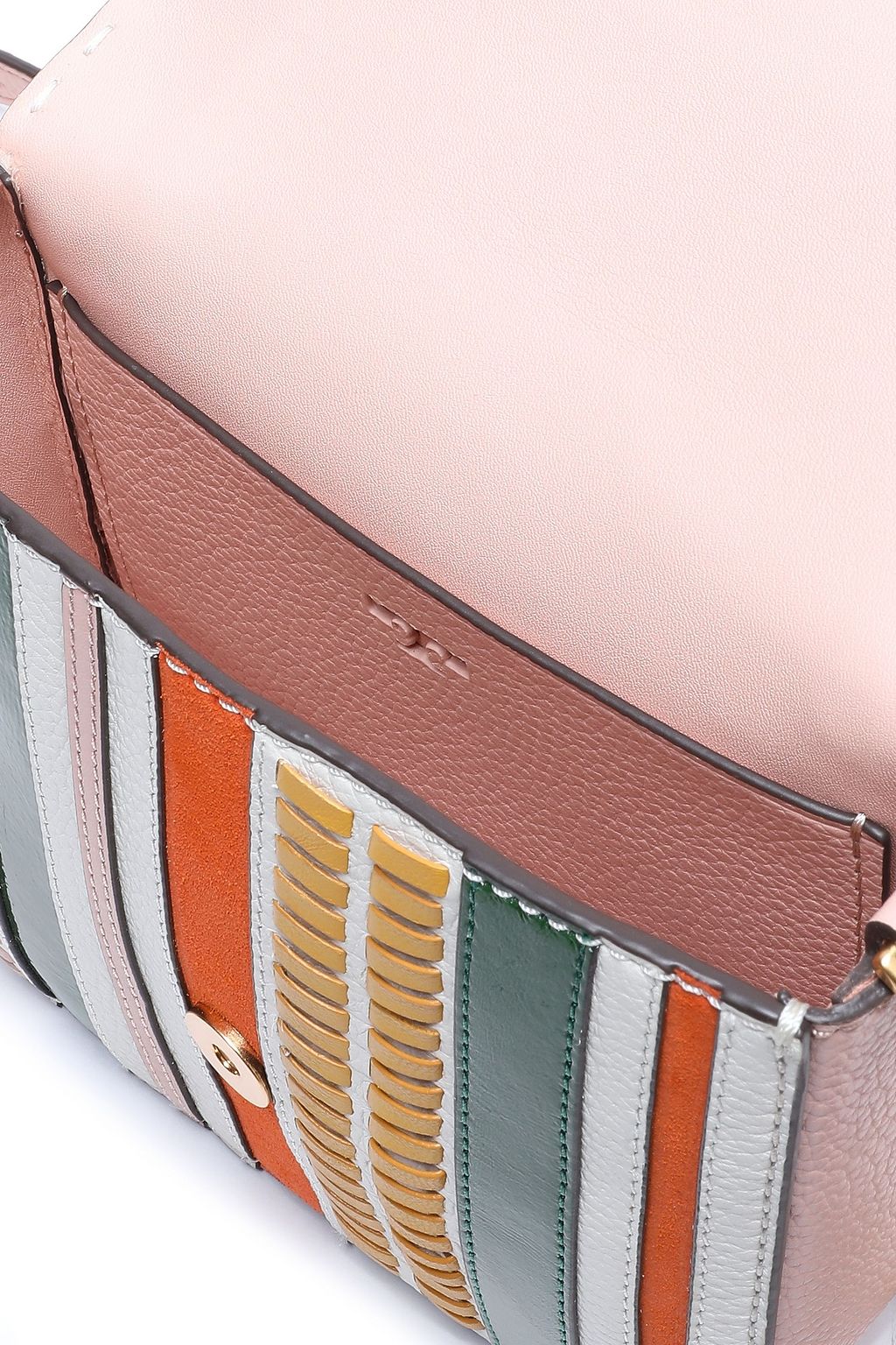 TORY BURCH Paneled suede, patent and smooth-leather shoulder bag