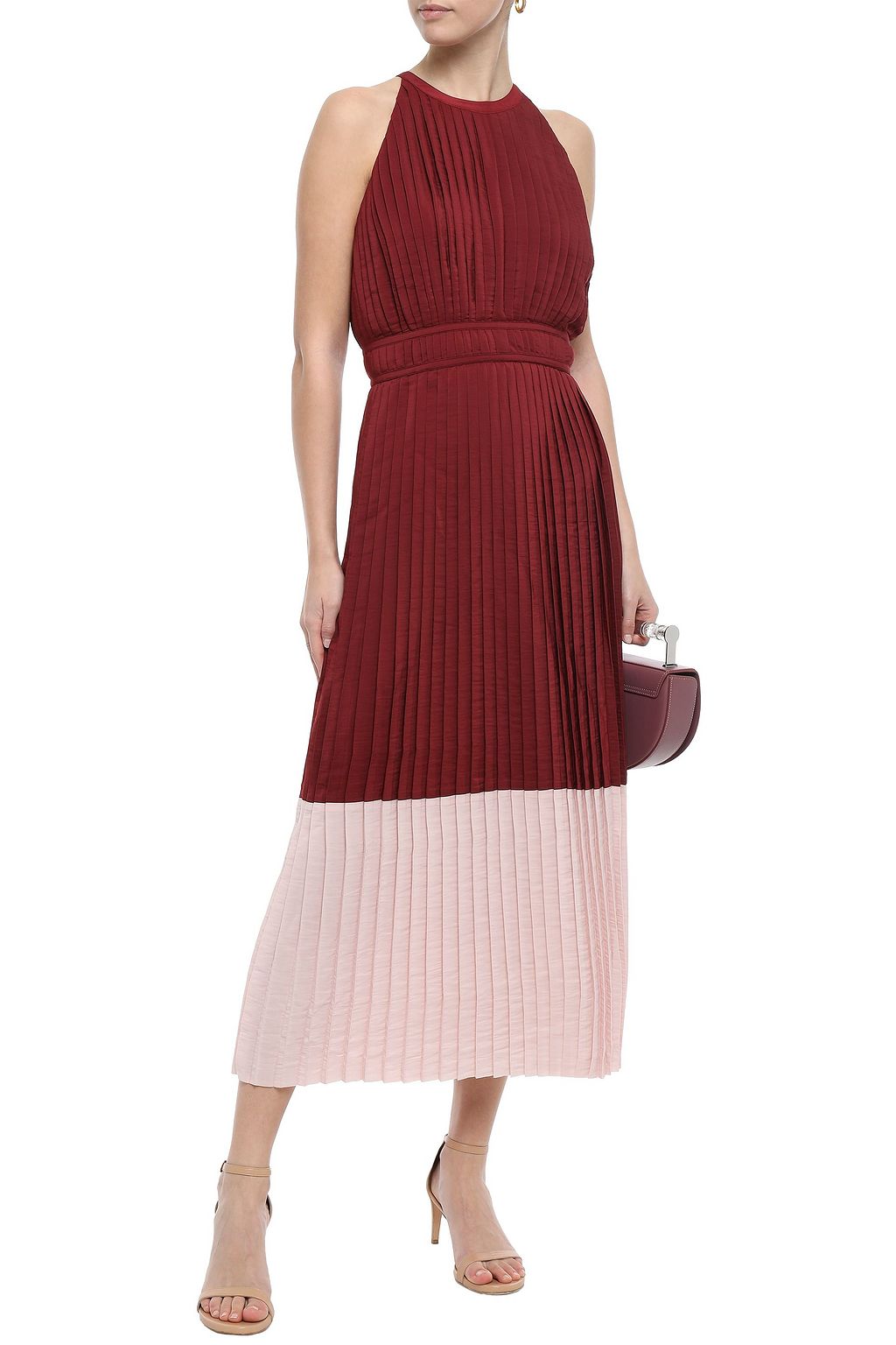 JOIE Aleanna pleated two-tone crinkled crepe de chine midi dress