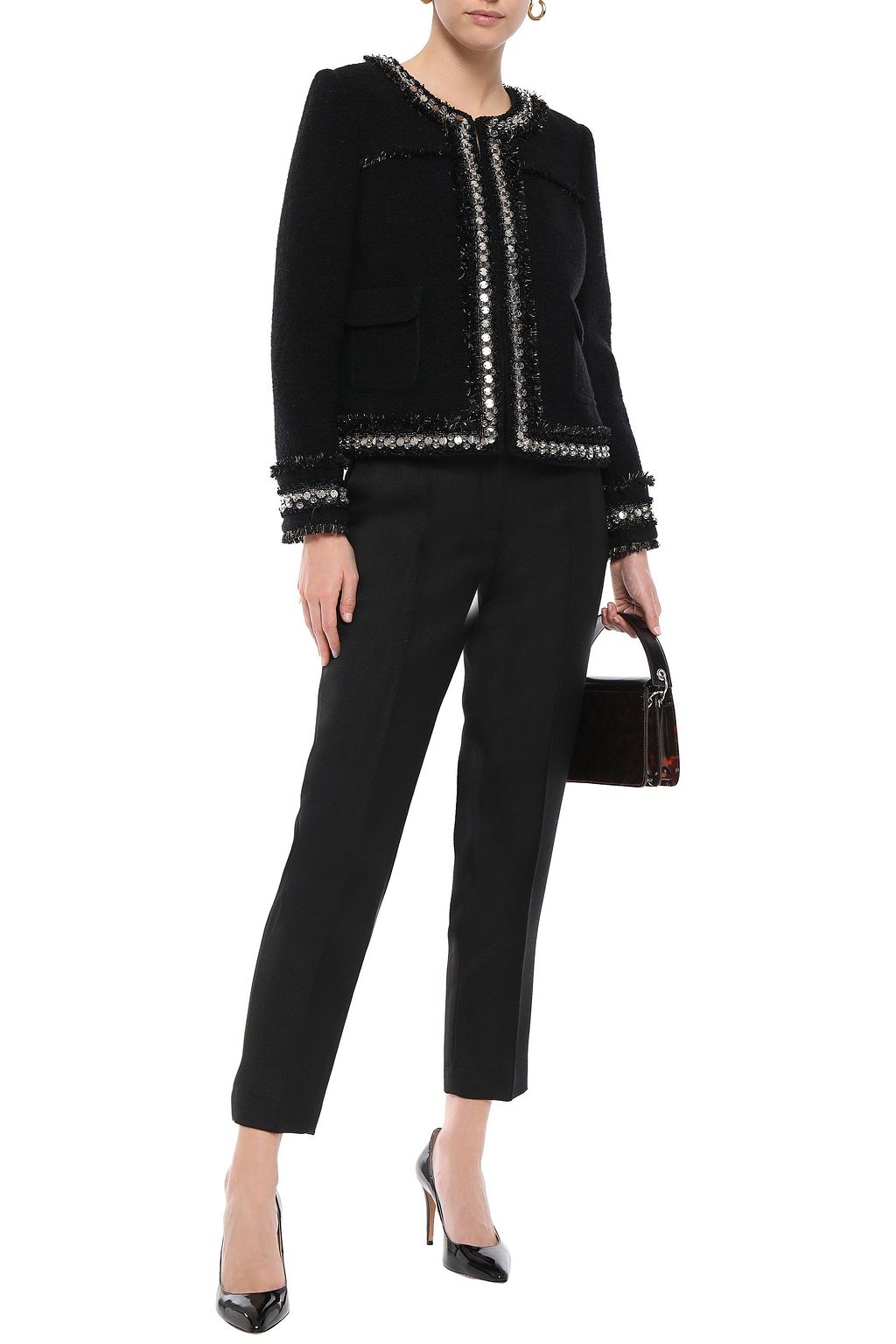 TORY BURCH Embellished wool and cotton-blend bouclé jacket