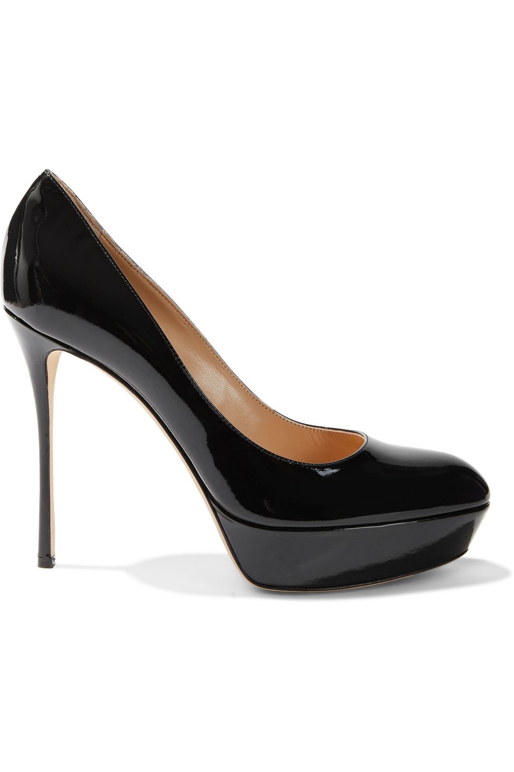 black patent leather platform pumps