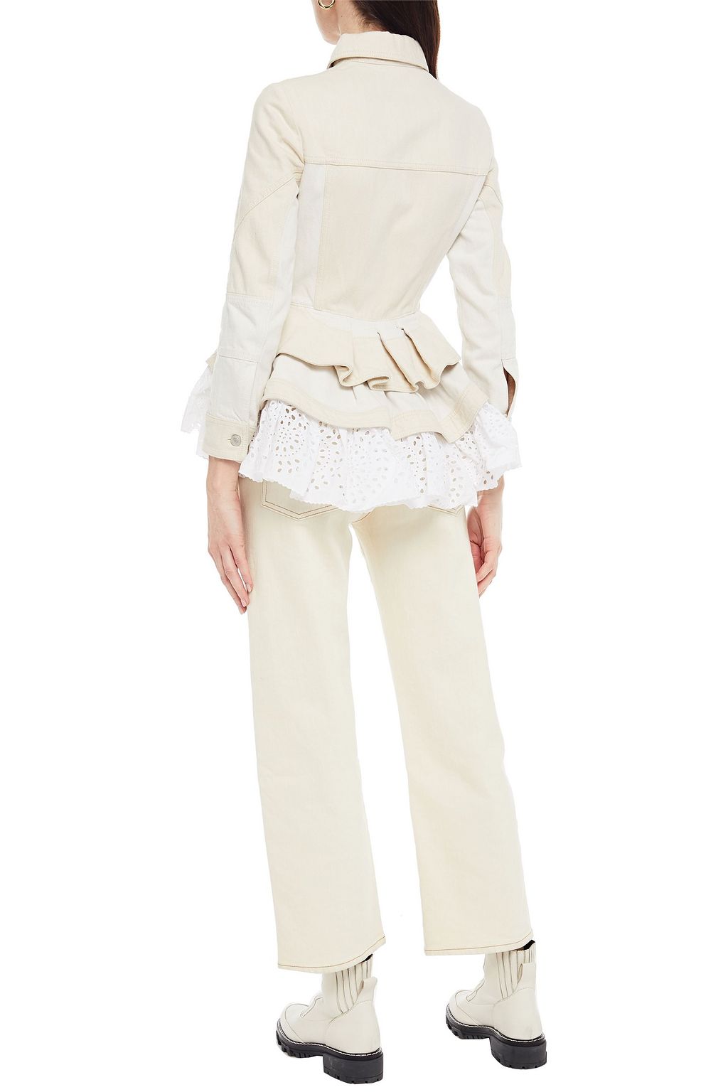 MCQUEEN Broderie anglaise-trimmed ruffled denim peplum jacket