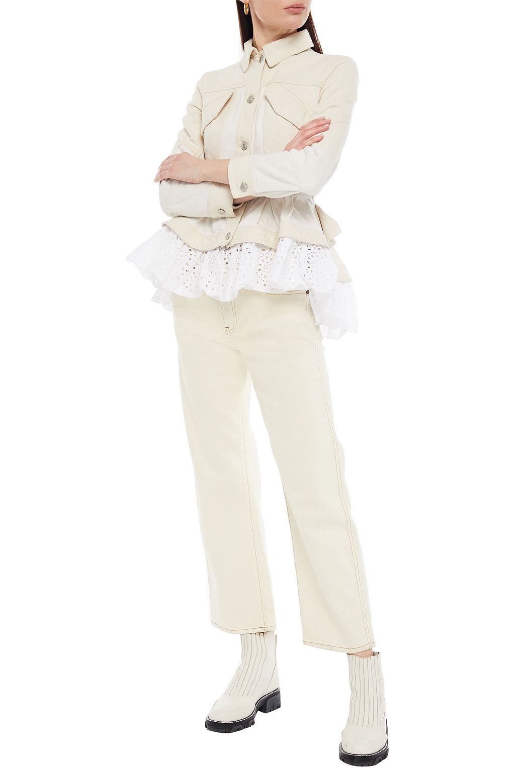 MCQUEEN Broderie anglaise-trimmed ruffled denim peplum jacket