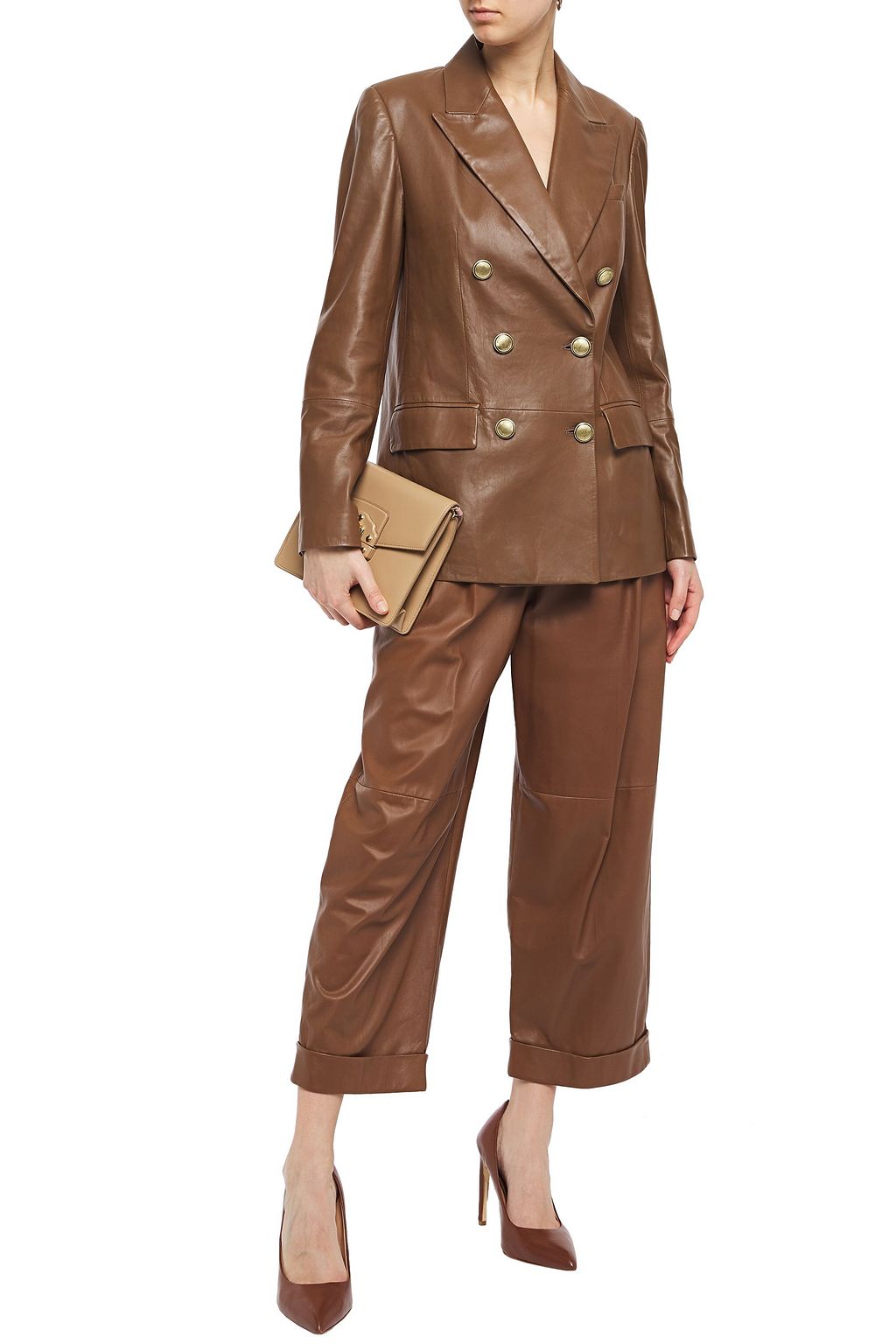 BRUNELLO CUCINELLI Cropped pleated leather wide-leg pants
