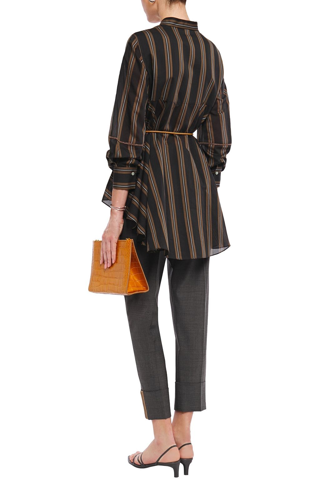 BRUNELLO CUCINELLI Belted bead-embellished striped cotton and silk-blend shirt