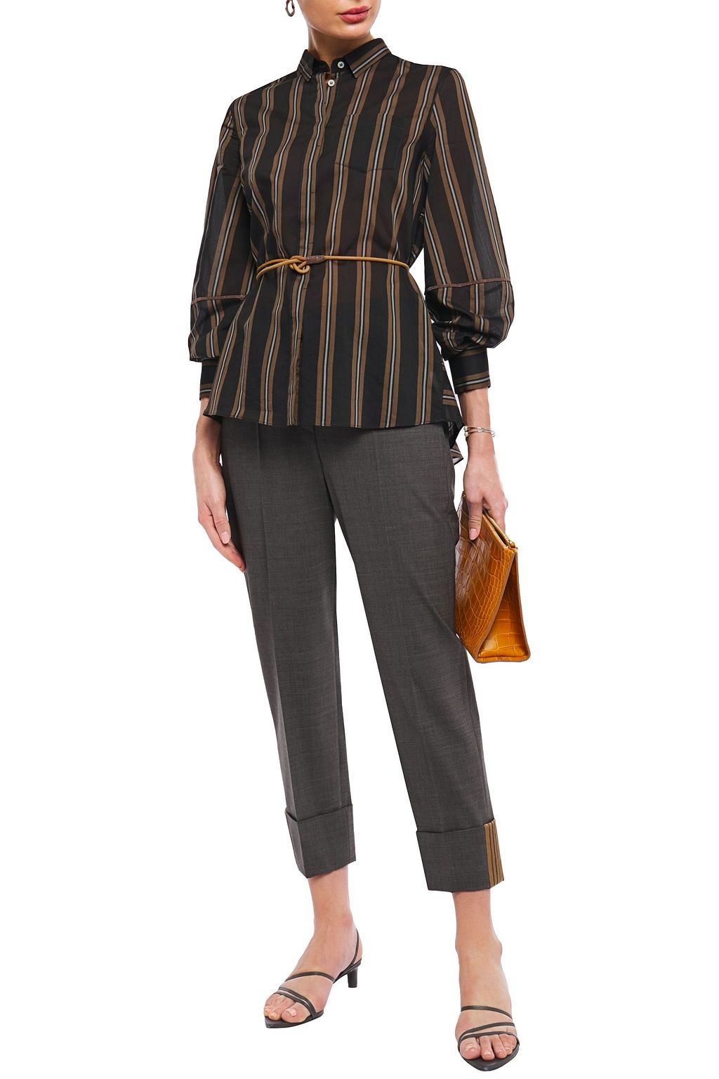 BRUNELLO CUCINELLI Belted bead-embellished striped cotton and silk-blend shirt