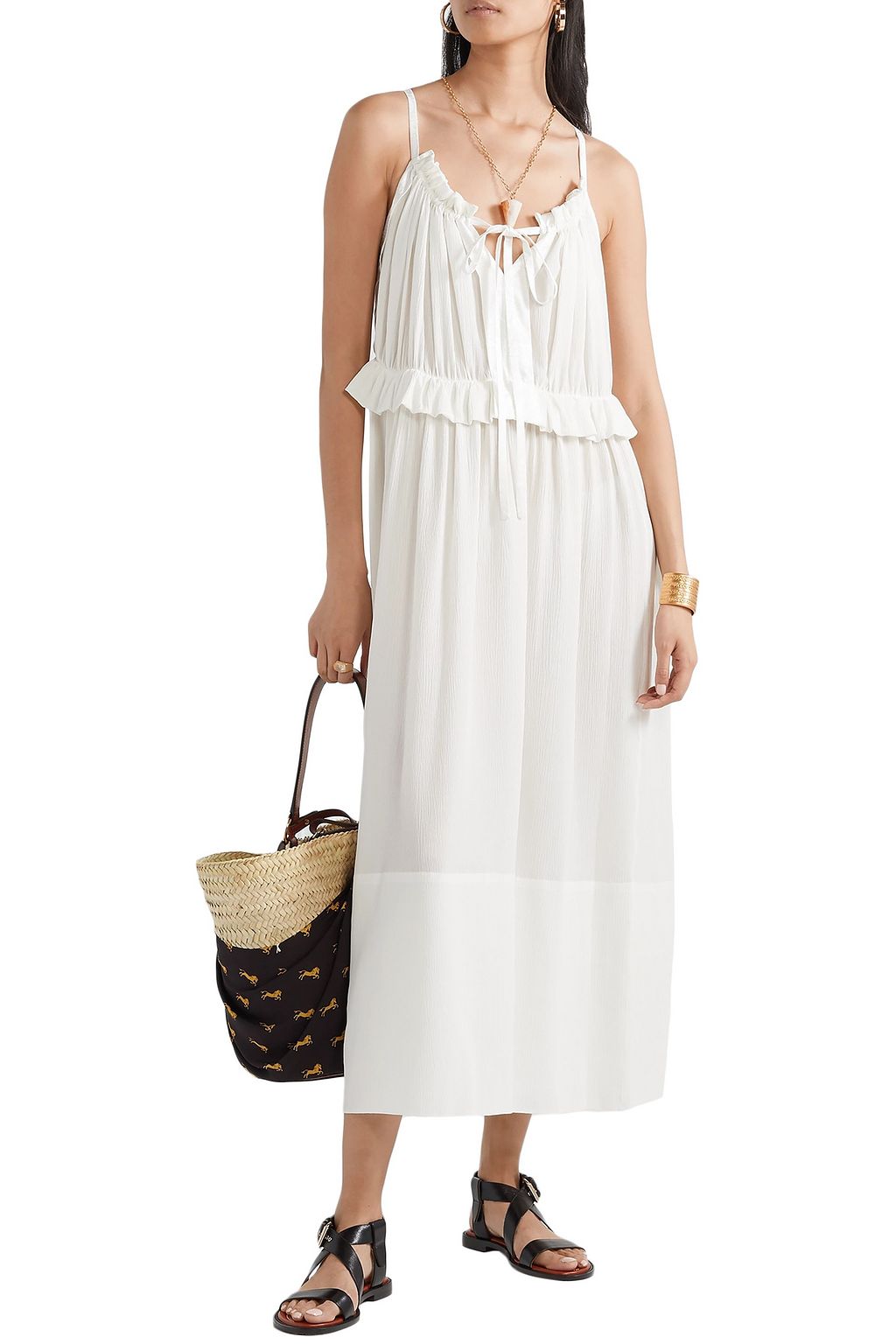 CHLOÉ Jacquard-trimmed ruffled silk-crepon midi dress
