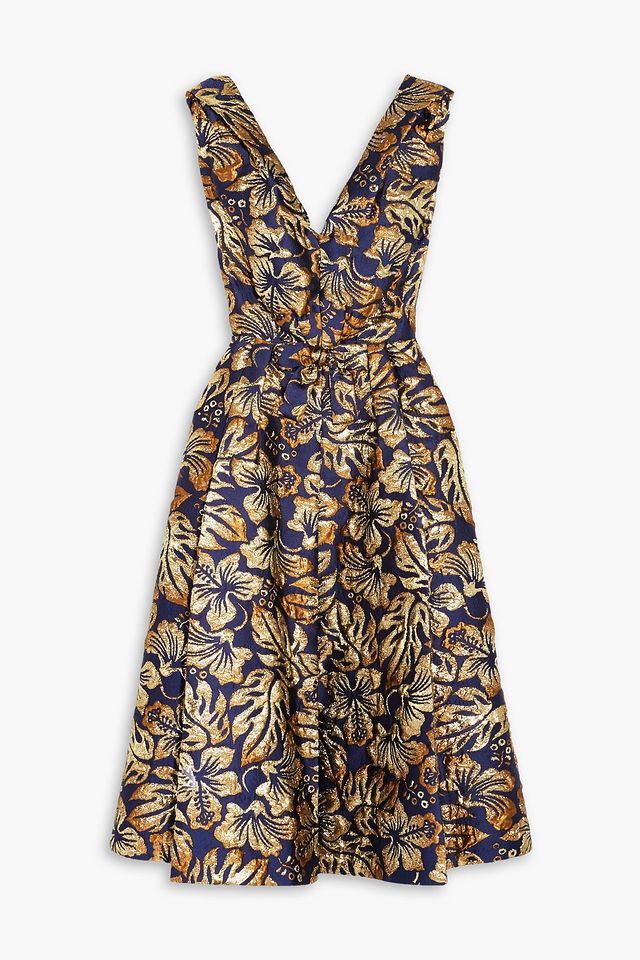 Pleated metallic floral-jacquard midi dress