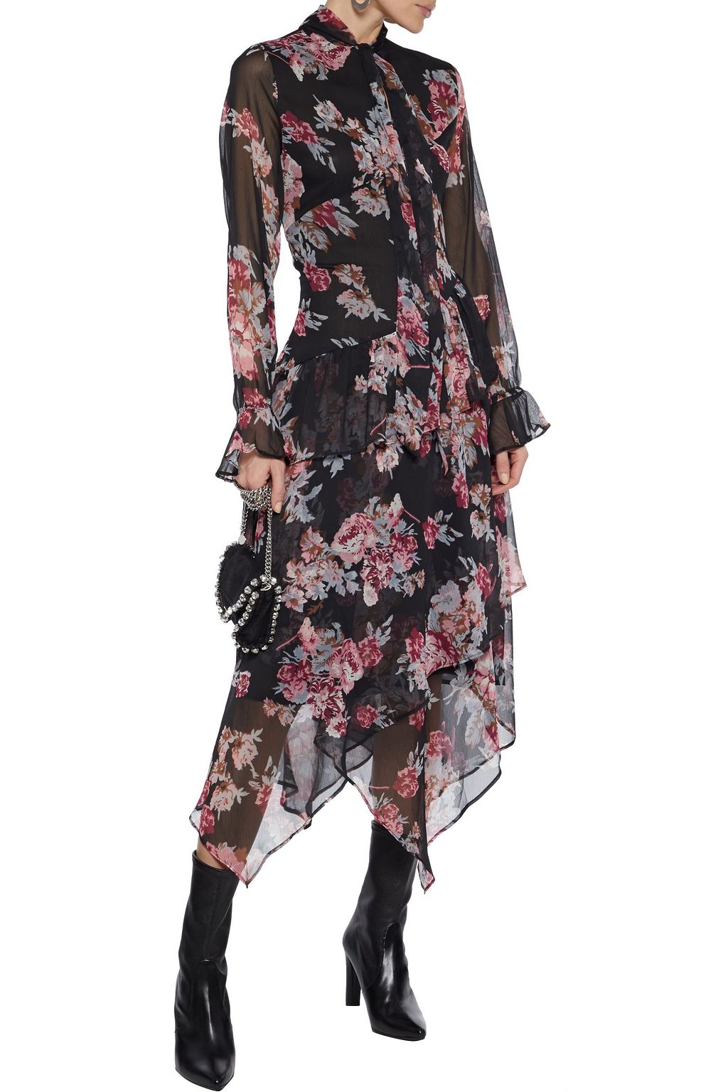 WALTER BAKER Grayson asymmetric tie-neck floral-print georgette midi dress
