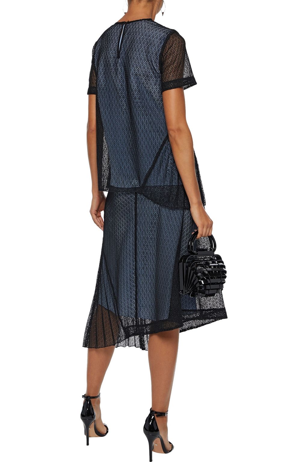 VICTORIA BECKHAM Asymmetric layered guipure lace and silk-charmeuse midi skirt