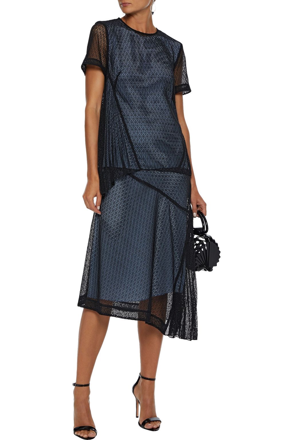 VICTORIA BECKHAM Asymmetric layered guipure lace and silk-charmeuse midi skirt