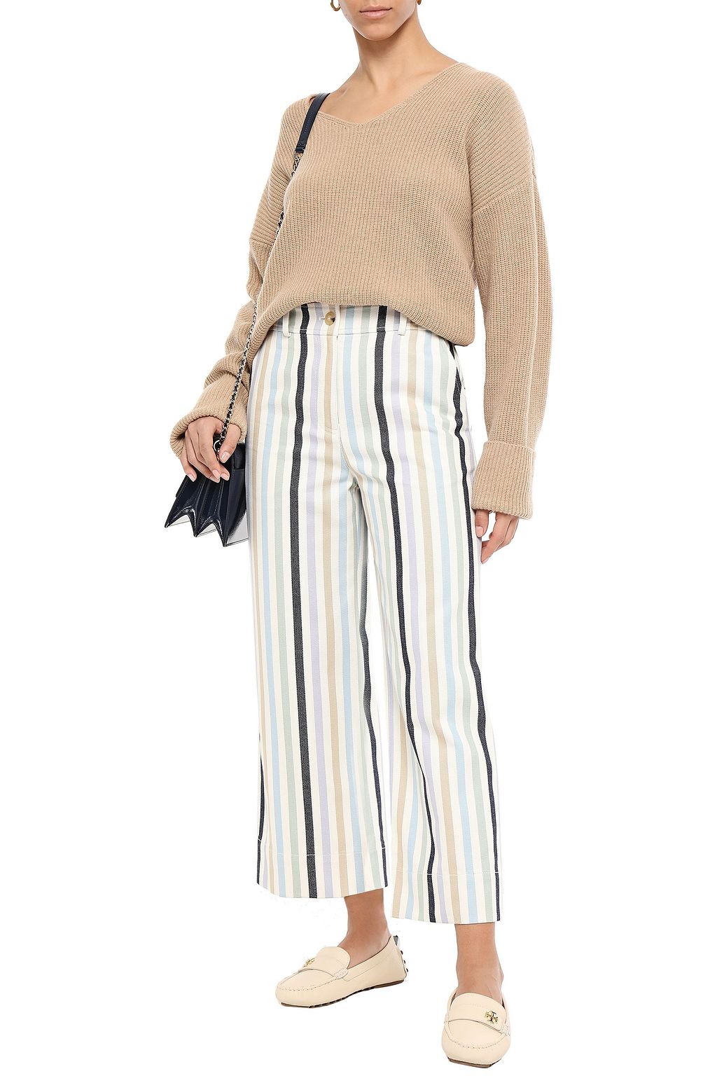 TORY BURCH Cropped striped cotton-canvas straight-leg pants