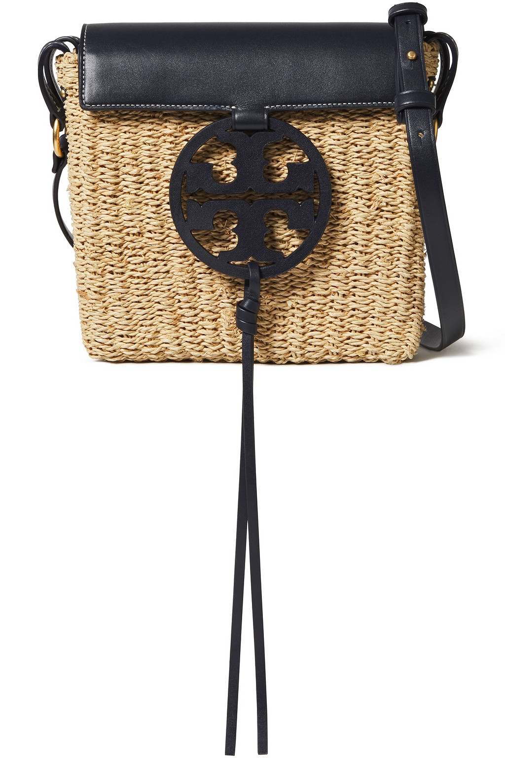 TORY BURCH Leather-trimmed logo-embellished straw shoulder bag