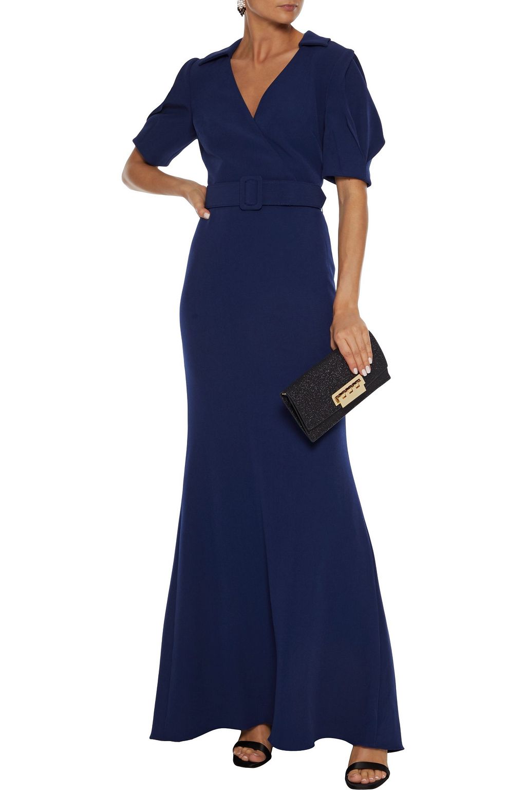 BADGLEY MISCHKA Wrapeffect belted stretchcrepe gown Sale up to 70