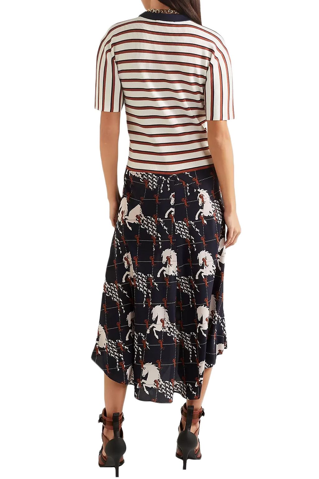 CHLOÉ Striped ribbed-knit and printed silk crepe de chine midi dress