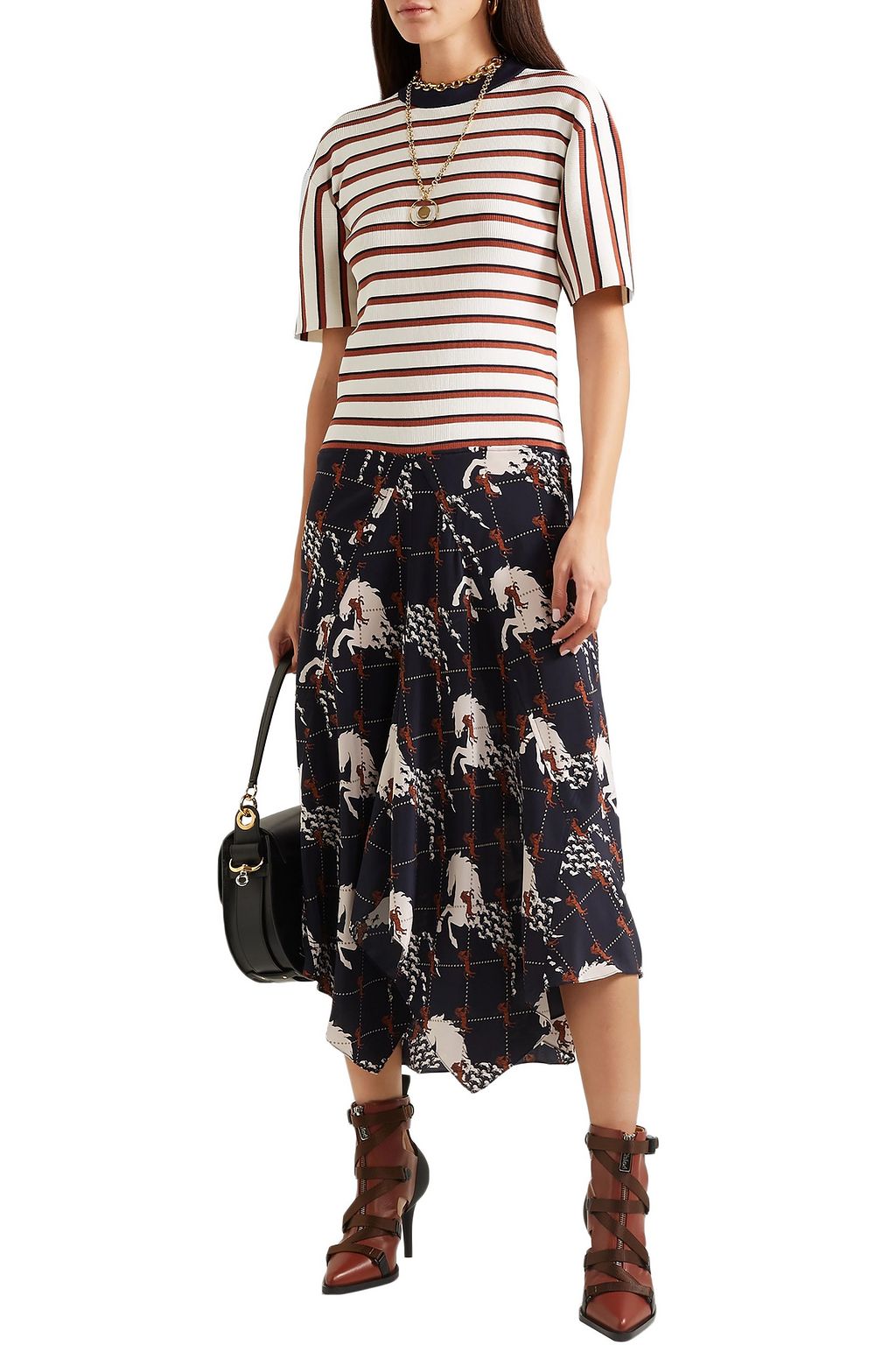 CHLOÉ Striped ribbed-knit and printed silk crepe de chine midi dress