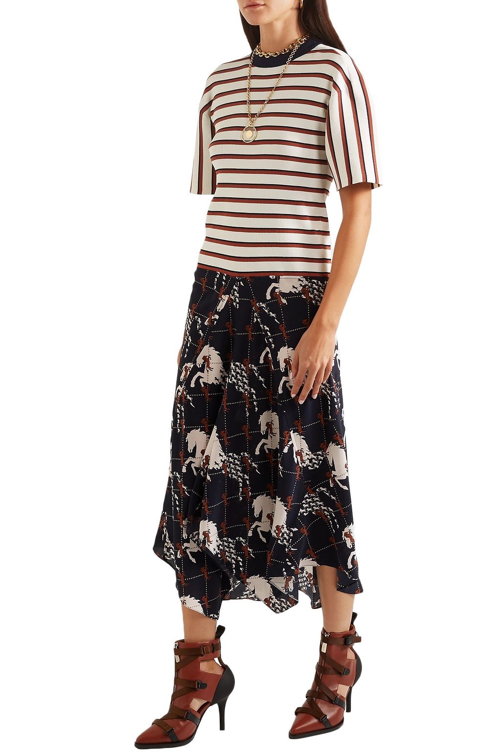 CHLOÉ Striped ribbed-knit and printed silk crepe de chine midi dress