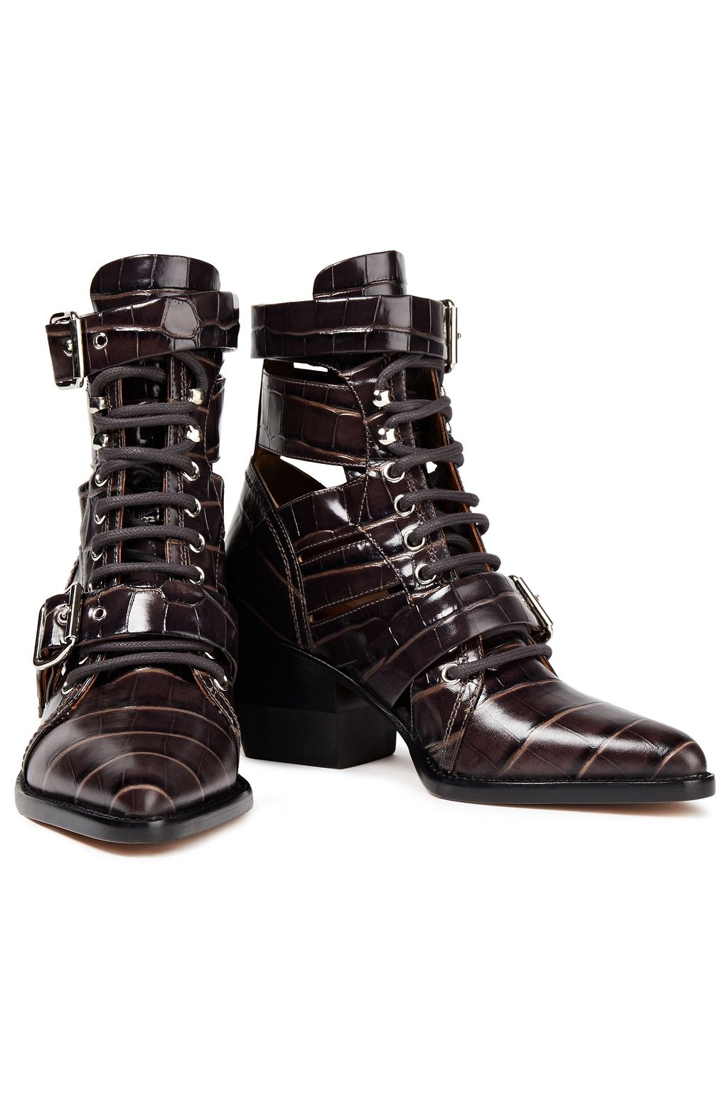 CHLOÉ Rylee buckled cutout glossed-leather ankle boots