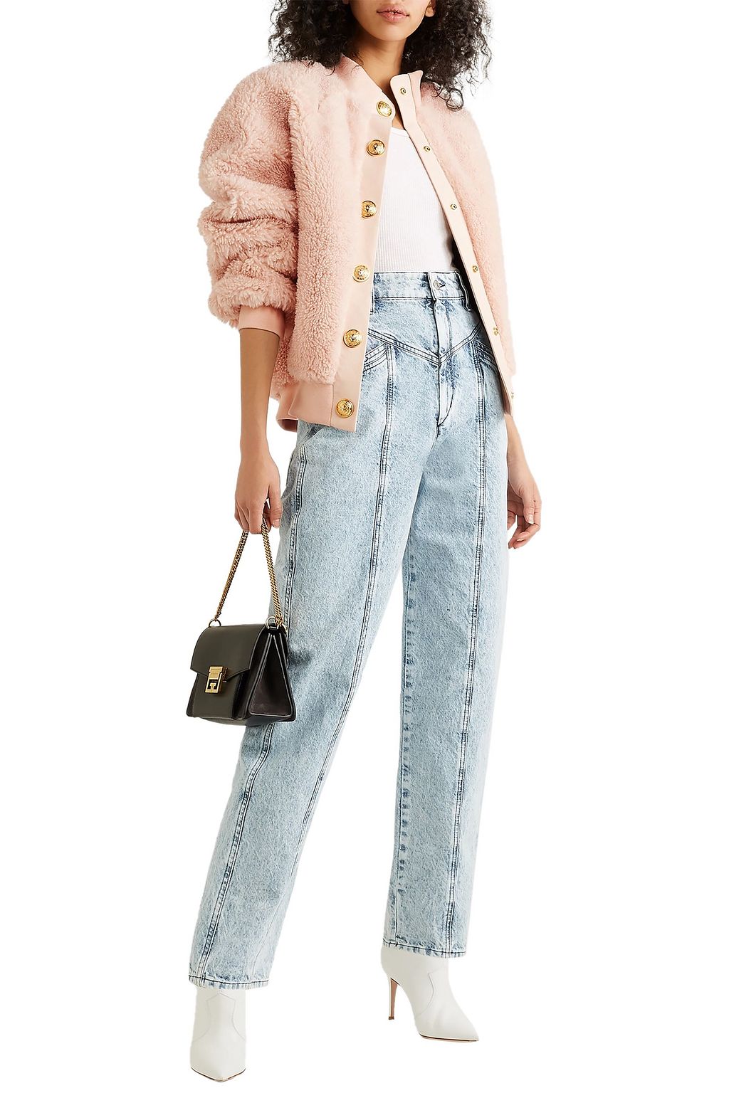 BALMAIN Button-embellished leather-trimmed shearling jacket