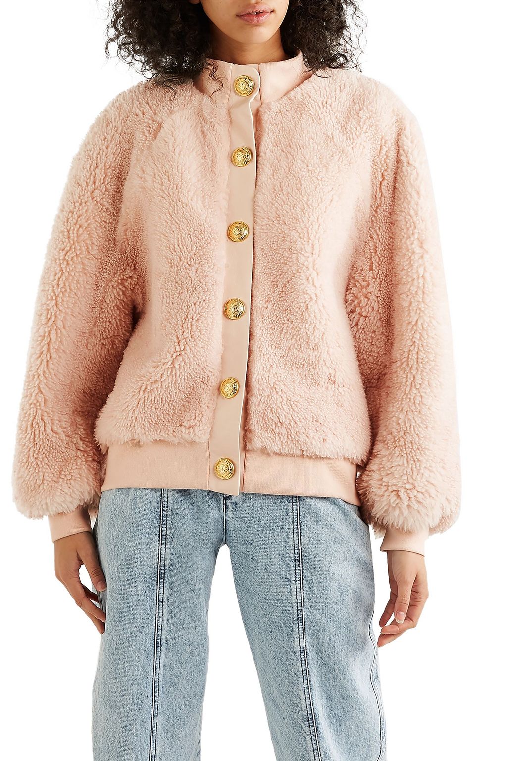 BALMAIN Button-embellished leather-trimmed shearling jacket