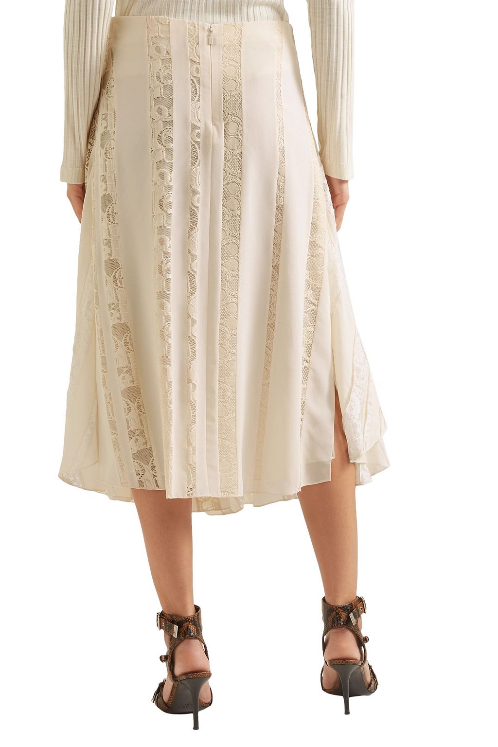 CHLOÉ Paneled silk crepe de chine and Leavers lace midi skirt