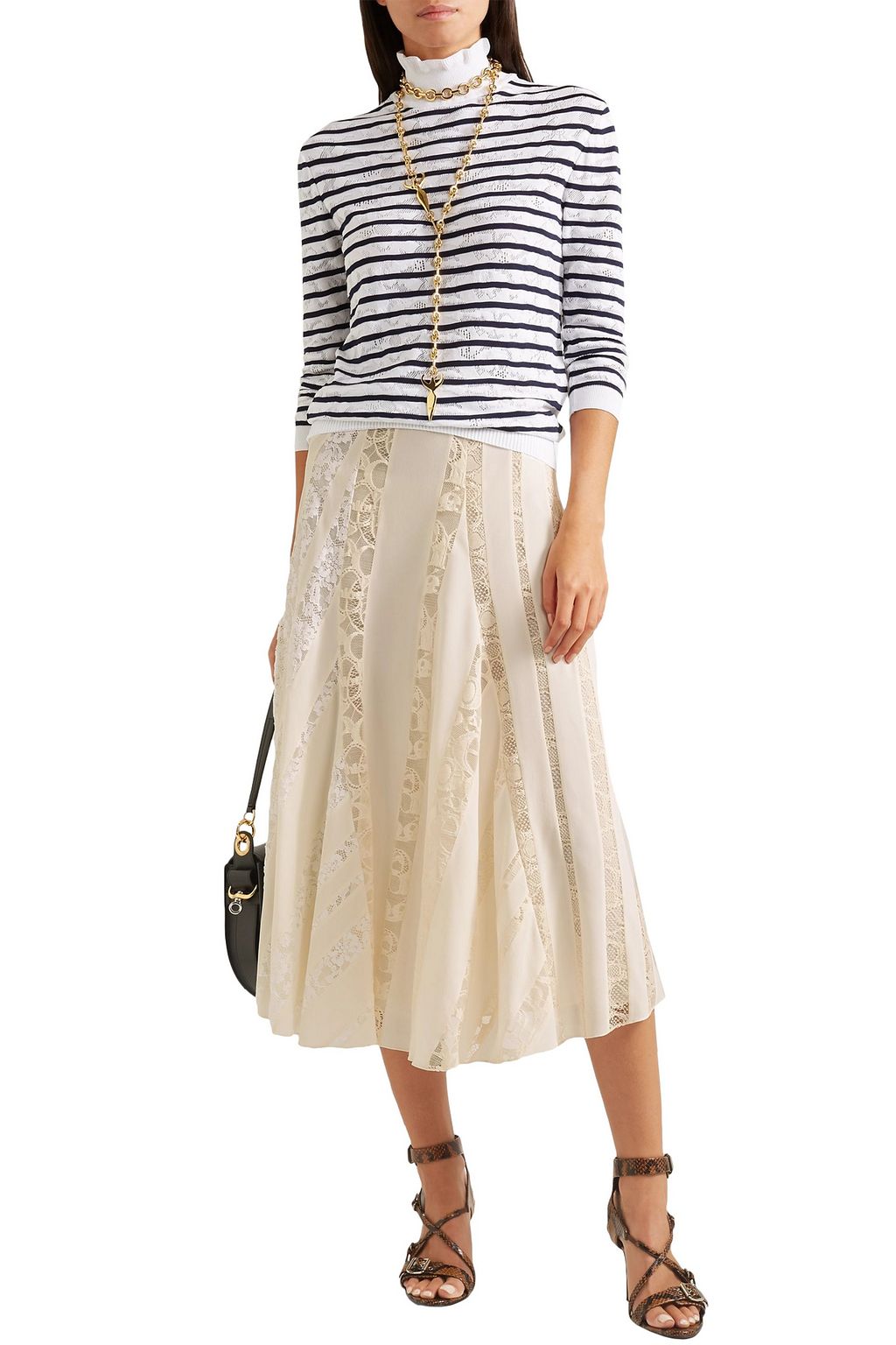 CHLOÉ Paneled silk crepe de chine and Leavers lace midi skirt