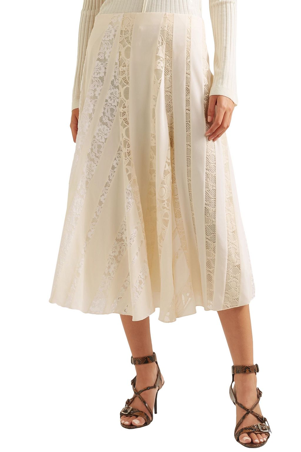 CHLOÉ Paneled silk crepe de chine and Leavers lace midi skirt