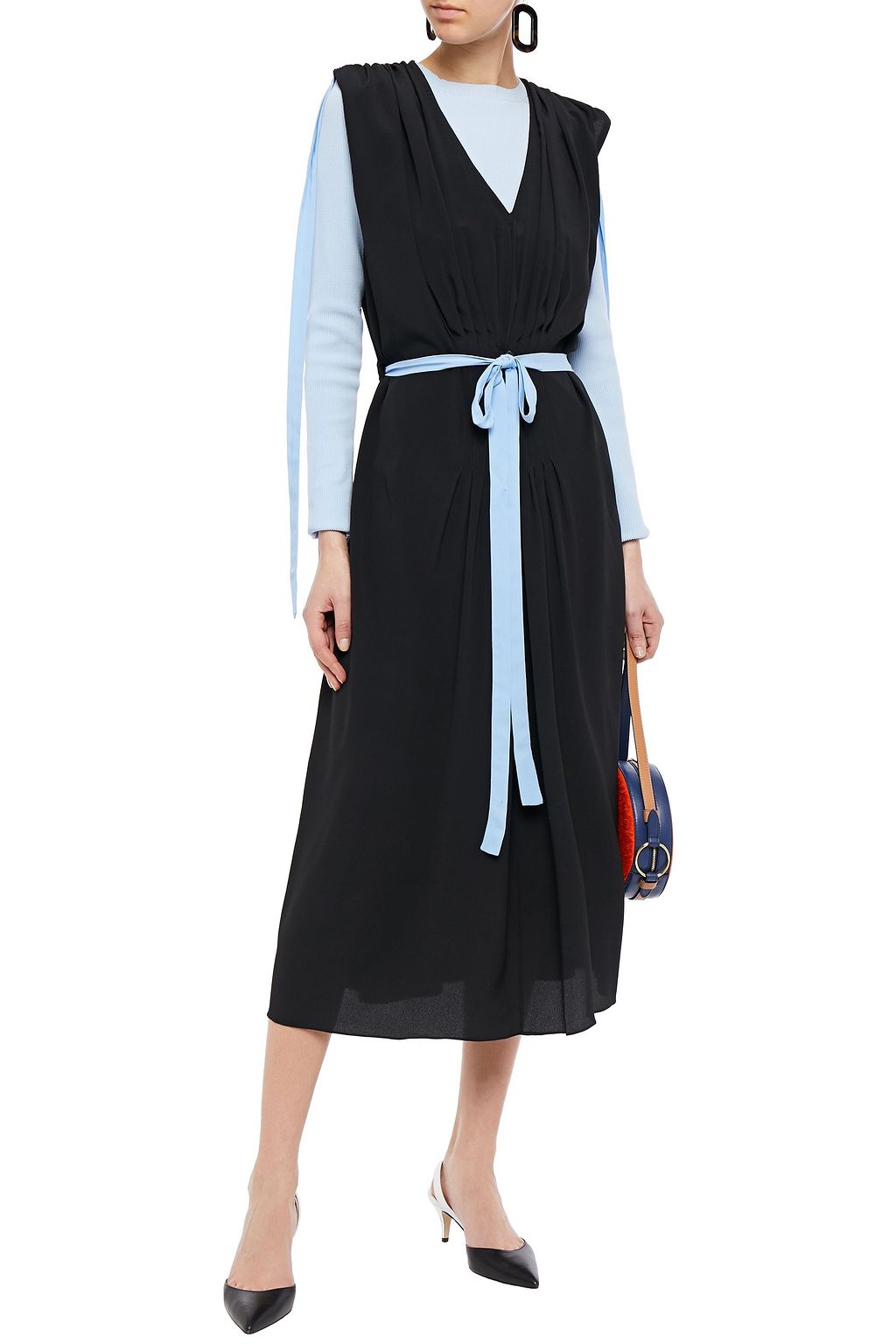MARNI Belted pleated crepe de chine midi dress