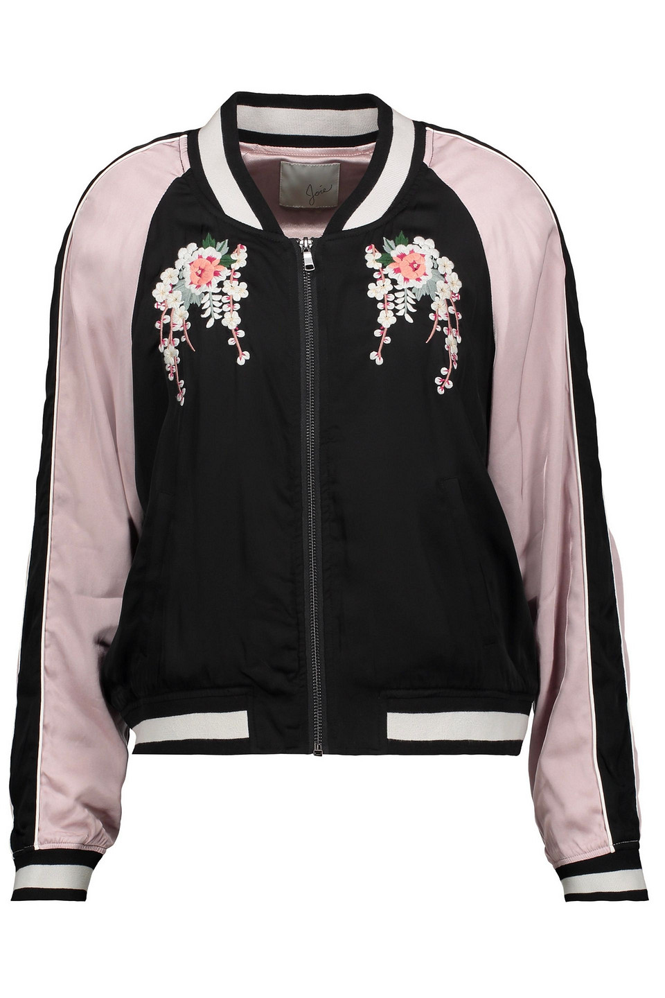 joie - embroidered satin bomber jacket - black - m