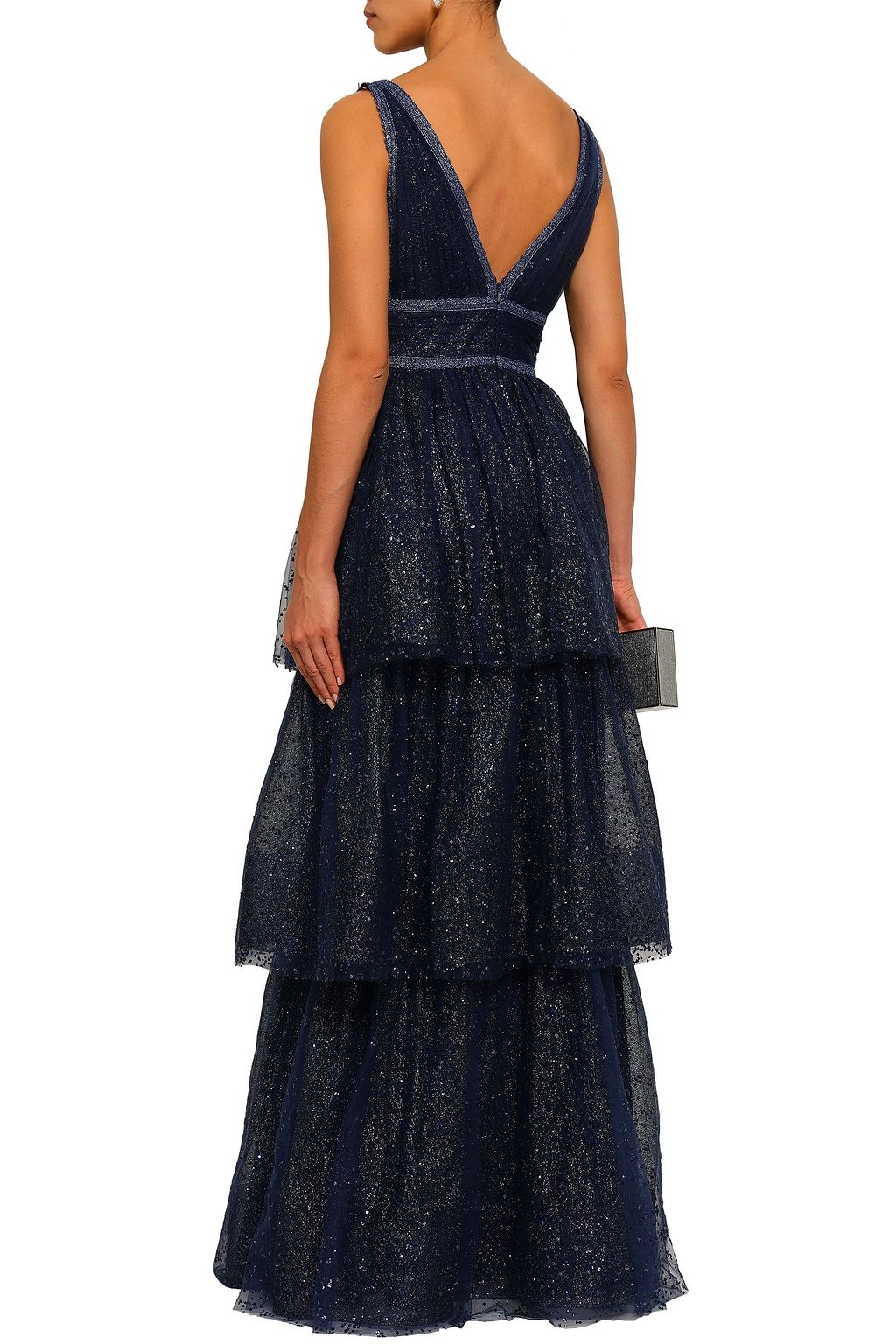 MARCHESA NOTTE Tiered embellished metallic tulle gown