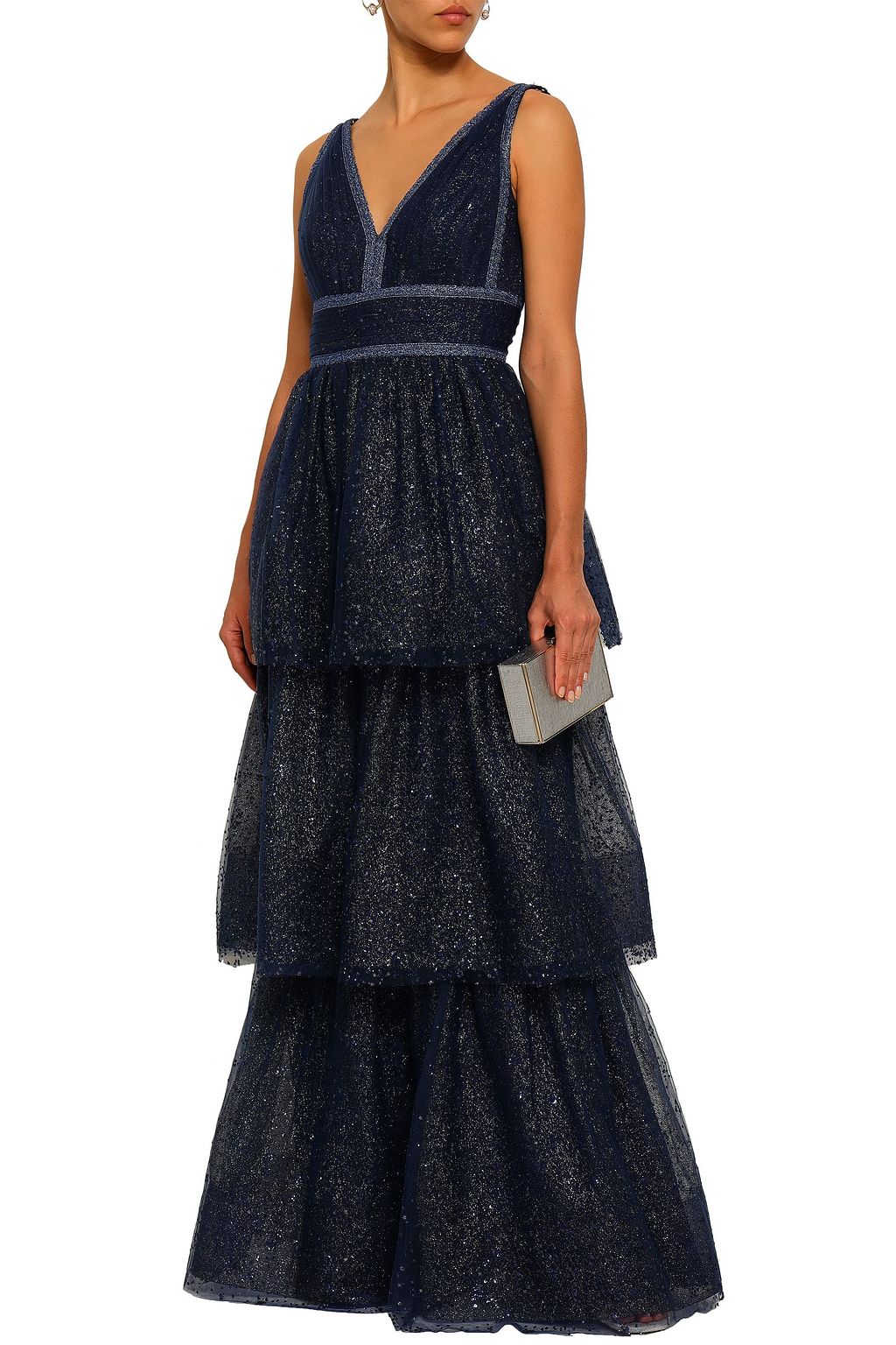 MARCHESA NOTTE Tiered embellished metallic tulle gown