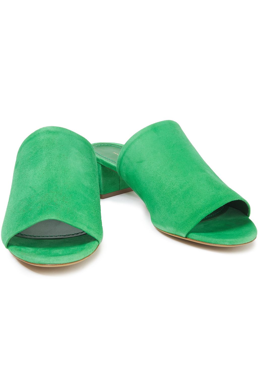 green suede mules