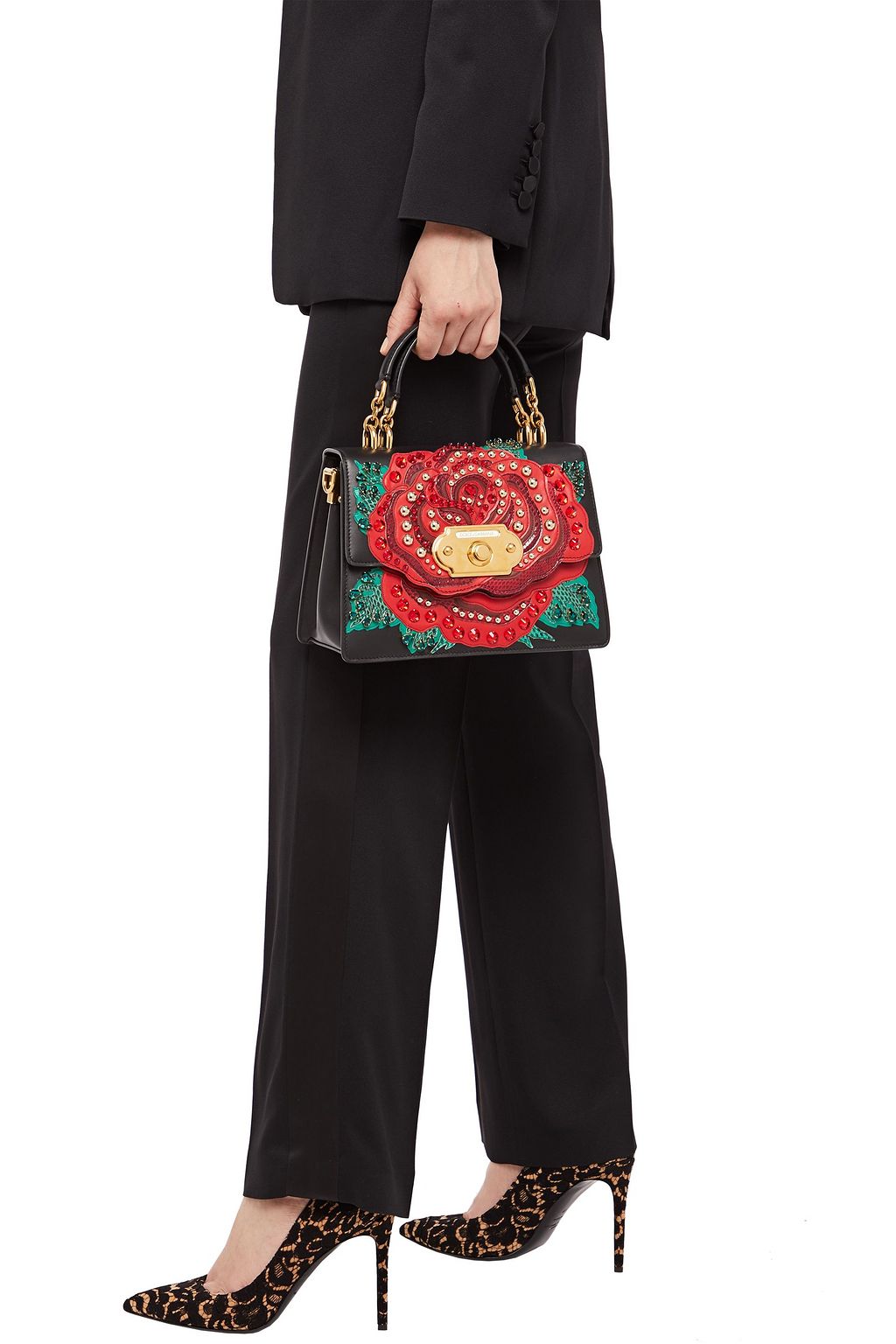 DOLCE&GABBANA Welcome embellished smooth and snake-effect leather shoulder bag