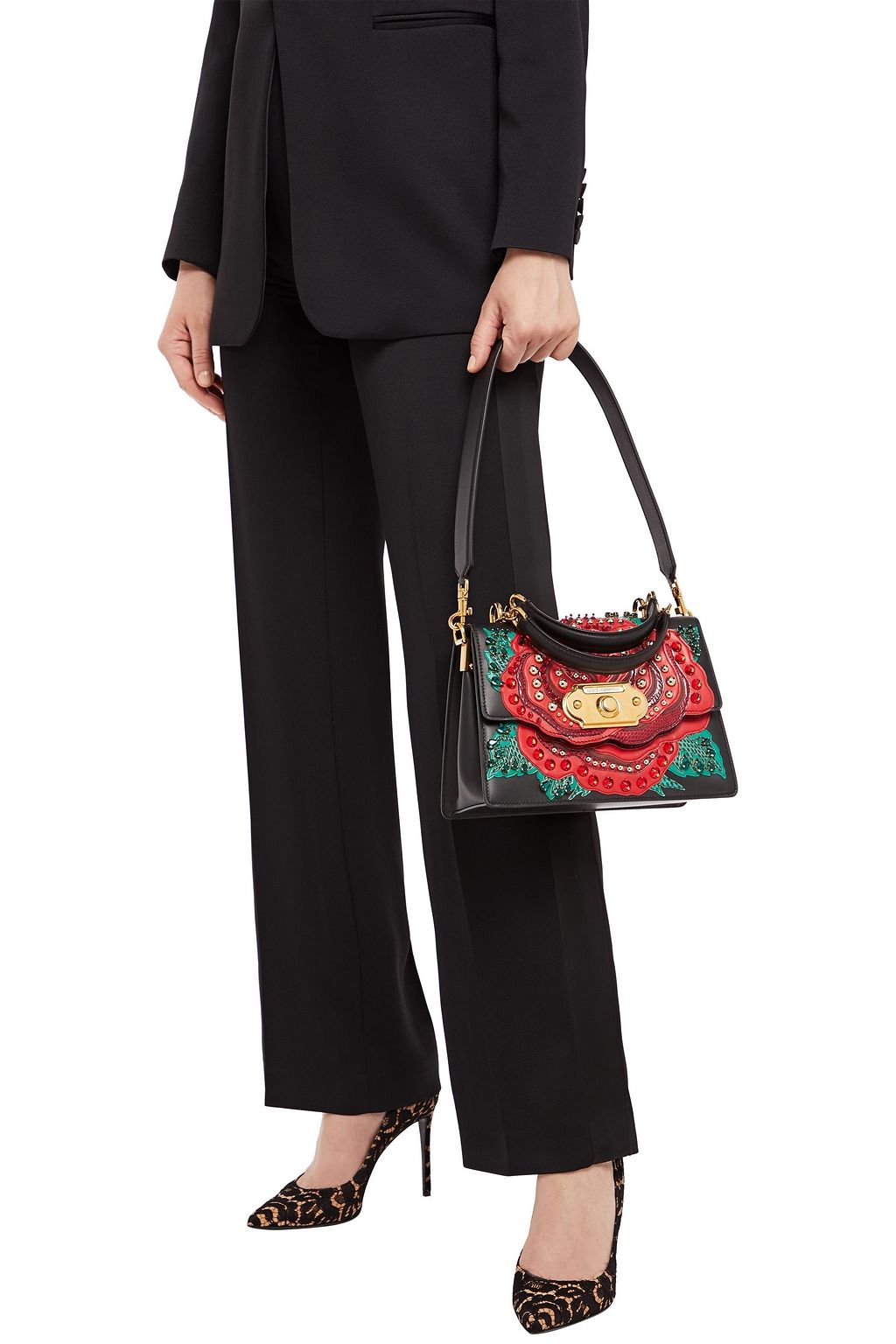 DOLCE&GABBANA Welcome embellished smooth and snake-effect leather shoulder bag