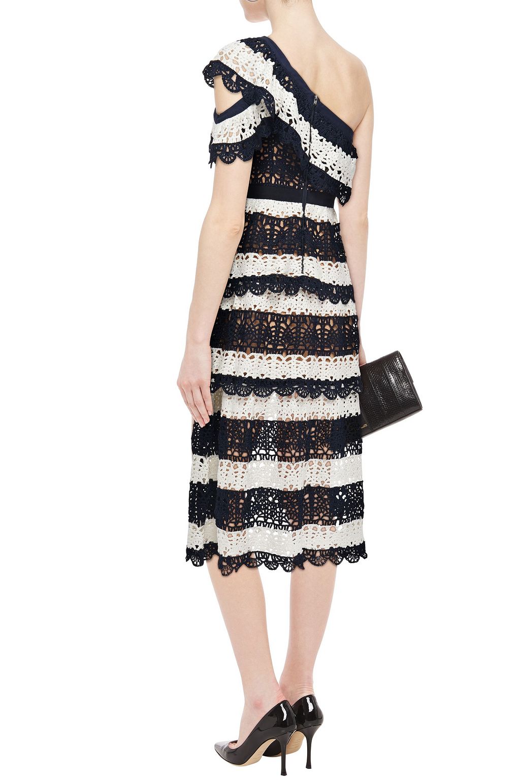 SELF-PORTRAIT One-shoulder striped crocheted midi dress