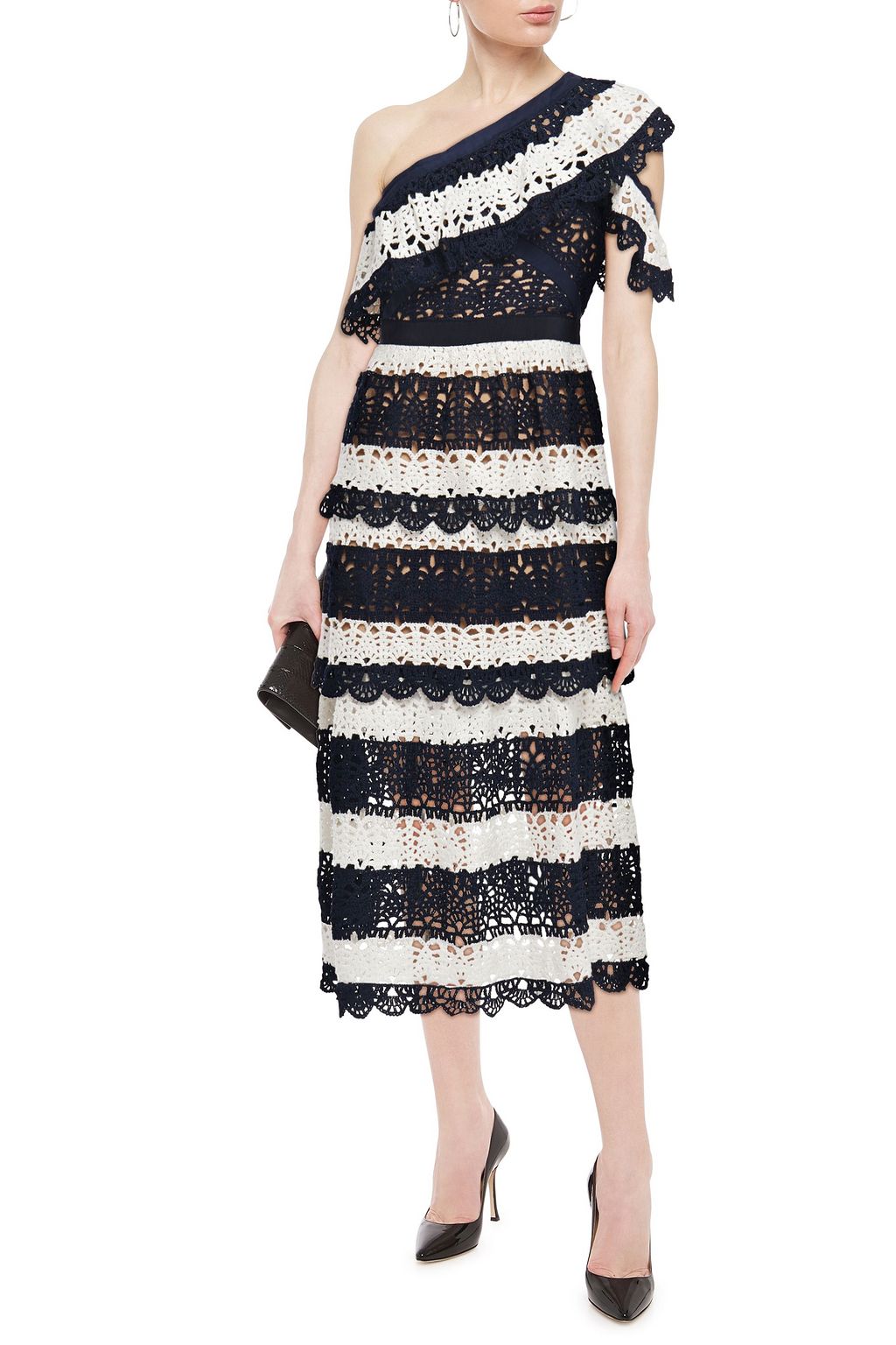 SELF-PORTRAIT One-shoulder striped crocheted midi dress