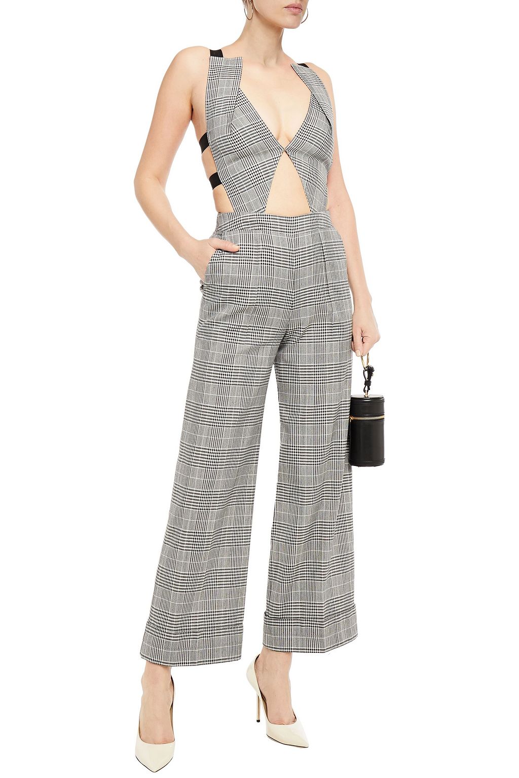 ROLAND MOURET Cutout checked wool-blend wide-leg jumpsuit