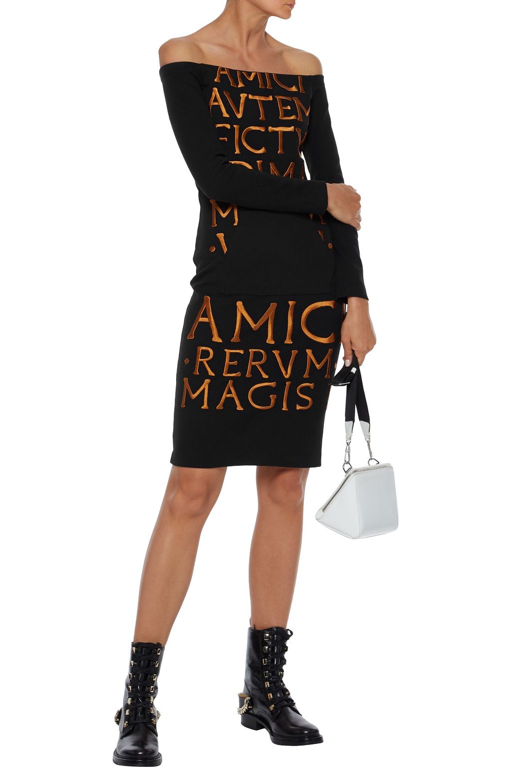 MOSCHINO Off-the-shoulder embroidered cotton-blend jersey dress