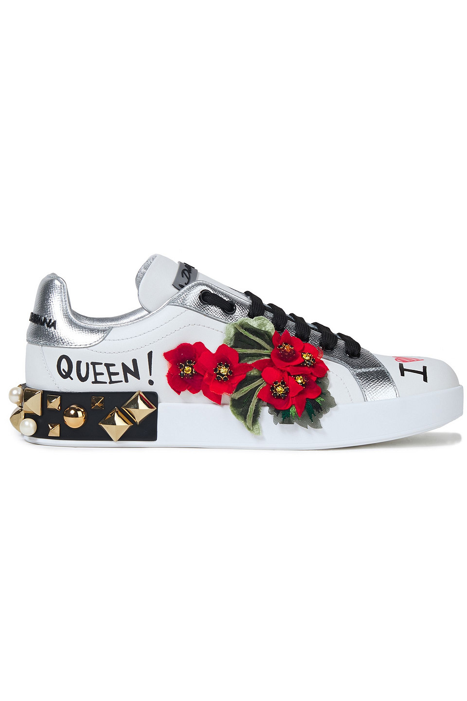 Dolce&Gabbana - Metallic-trimmed embellished printed leather sneakers - White - EU 35