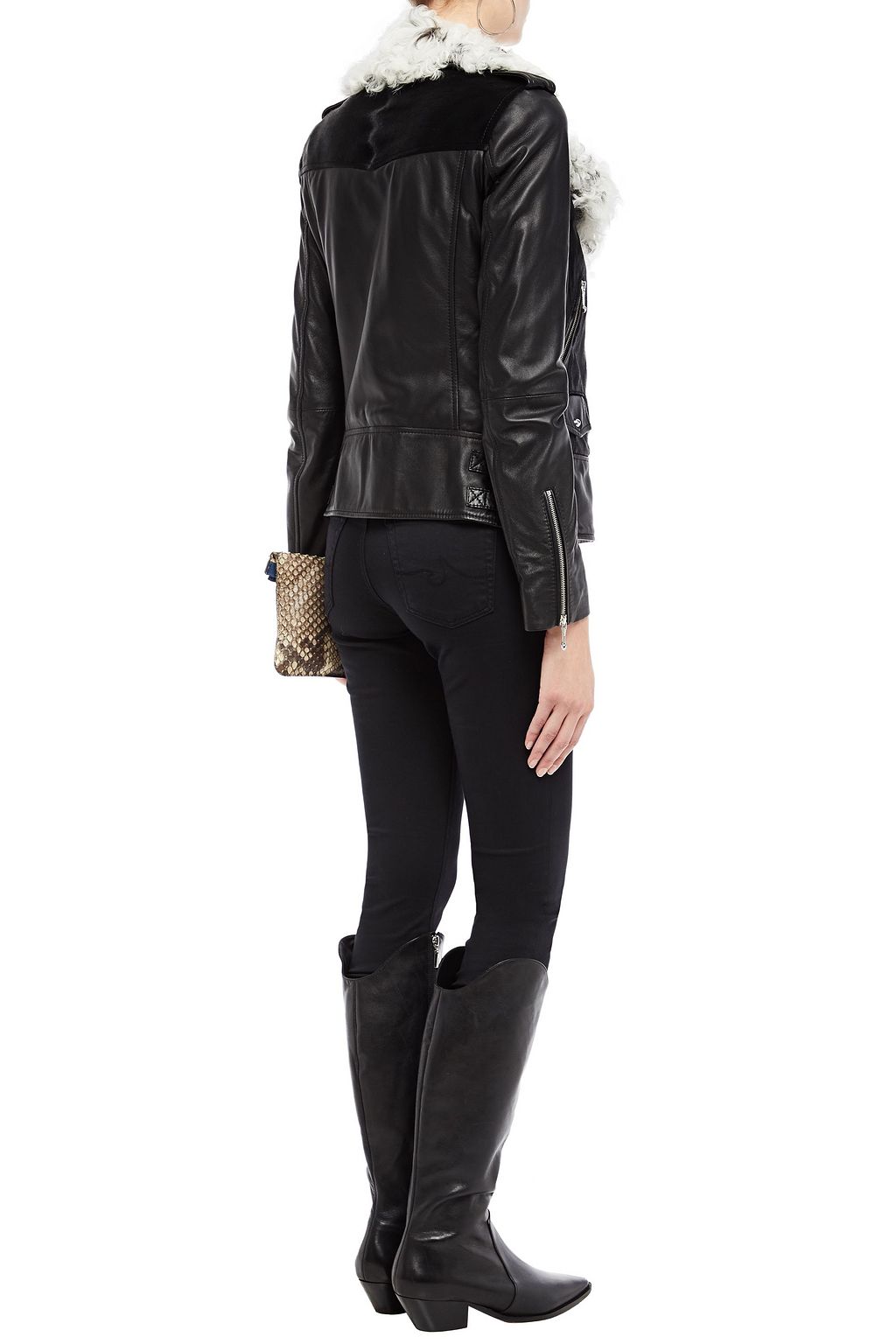 JUST CAVALLI Shearling-trimmed leather biker jacket