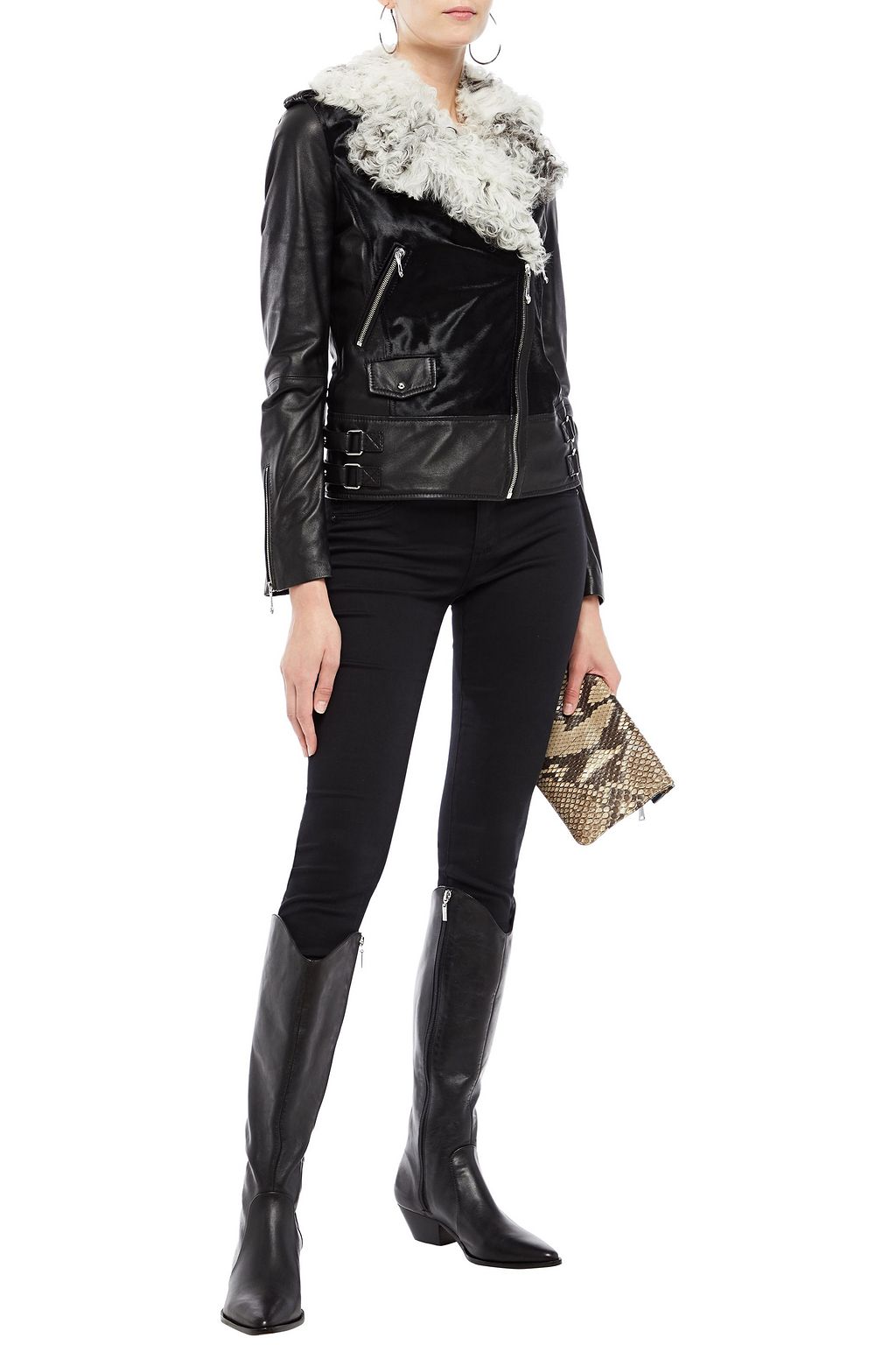 JUST CAVALLI Shearling-trimmed leather biker jacket