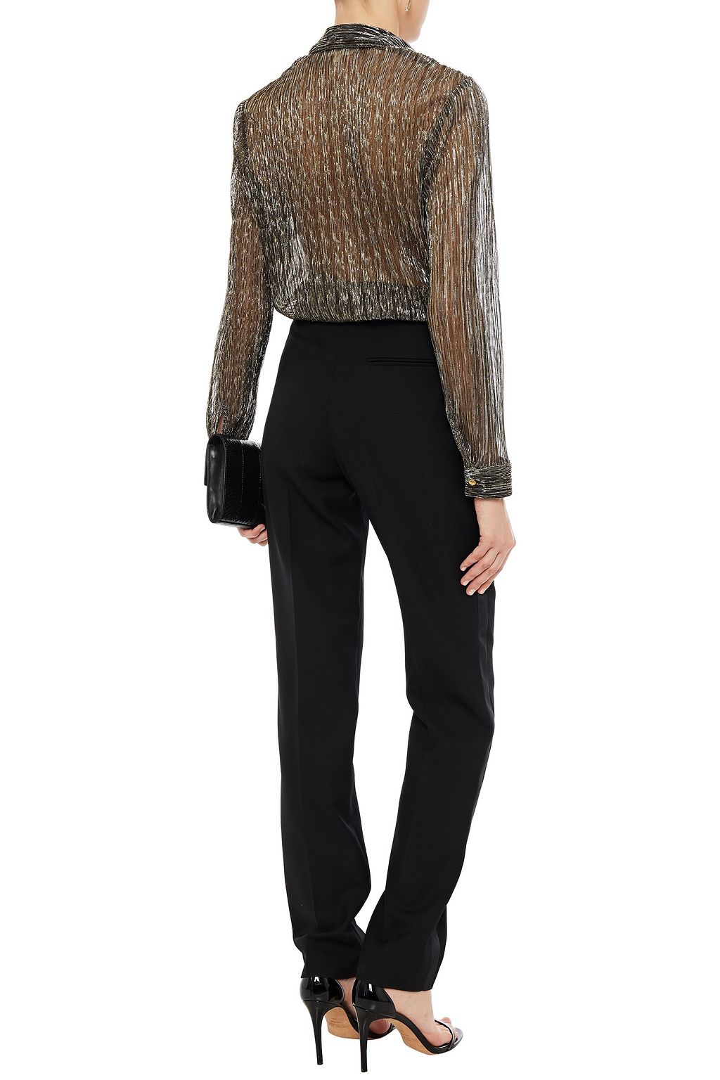 L'AGENCE Nina metallic plissé crochet-knit shirt